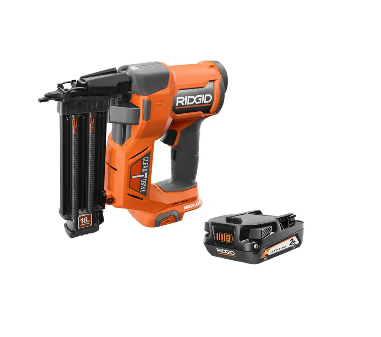 RIDGID R09891B-AC8400802 18V Brushless Cordless 18-Gauge 2-1/8 in. Brad Nailer with CLEAN DRIVE Technology with 18V 2.0 Ah Lithium-Ion Battery