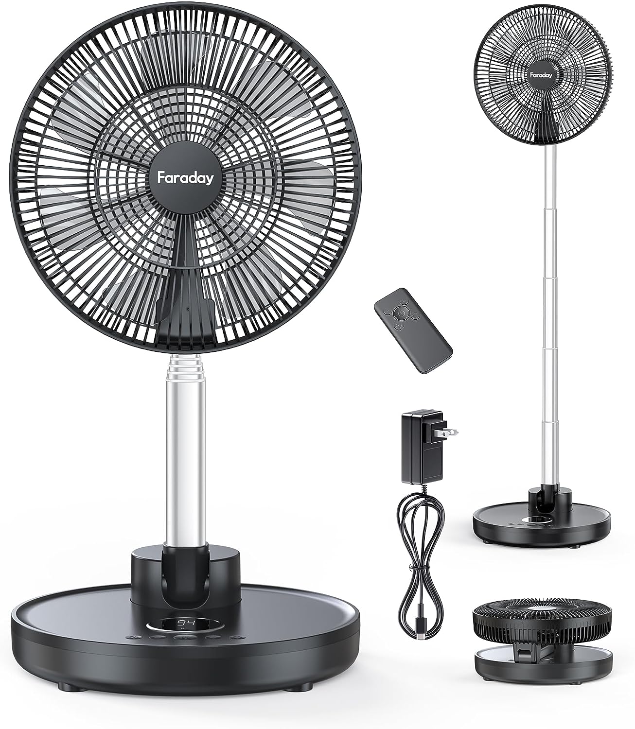 FARADAY Oscillating Standing Fan 12 Foldable Portable Quiet Floor Fan 12000mAh Rechargeable Pedestal Fan with Remote. Timer Setting. Height Adjustable Foldaway Fan for Bedroom Home Office. 6 Speed. Black