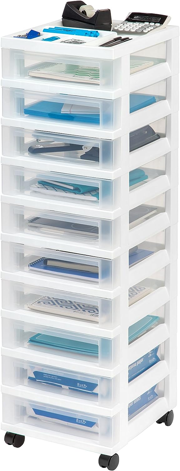 IRIS Medium 10-Drawer Cart with Organizer Top. White