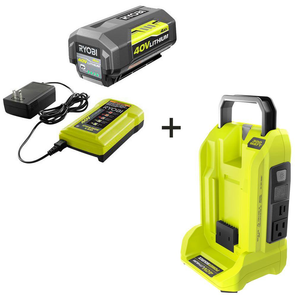 RYOBI RYi300BG-CMB4 300-Watt Power Inverter for 40V Battery with 4.0 Ah Battery and Charger