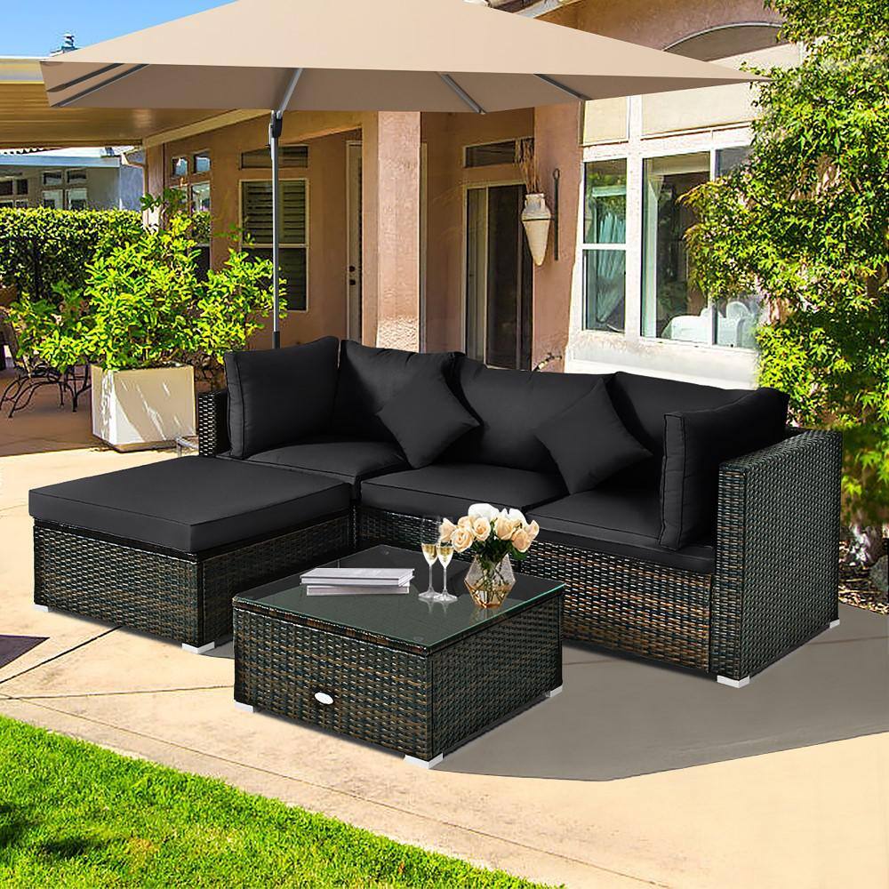 Costway  5-Piece Wicker Patio Conversation Set with Black Cushions