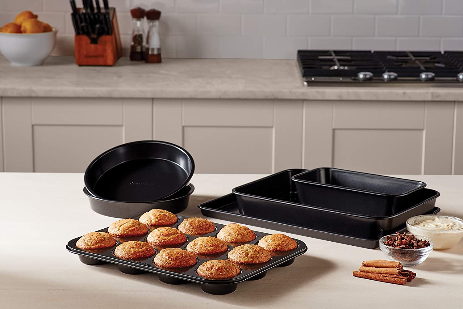 Calphalon Nonstick Bakeware Set. 6-Piece Set Includes Baking Sheet. Cake. Muffin. and Loaf Pans. Dishwasher Safe. Black