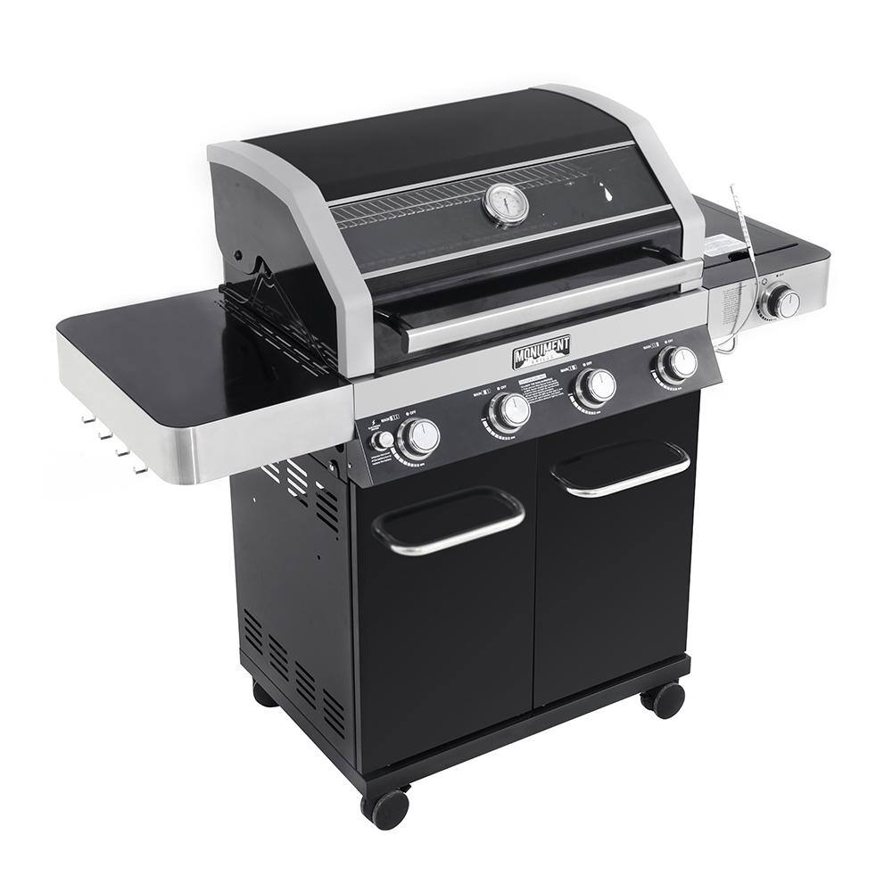 Monument Grills 42538B 4-Burner Propane Gas Grill in Black with ClearView Lid. LED Controls. Side Burner and USB Light