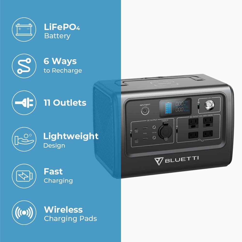 BLUETTI EB70GR 800W Continuous/1400W Peak Output Power Station EB70 Gray Push Button Start LiFePO4 Battery Solar Generator for Outdoors