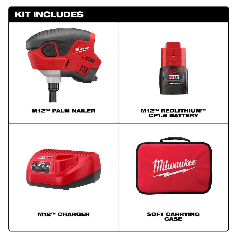 Milwaukee 2458-21 M12 12-Volt Lithium-Ion Cordless Palm Nailer Kit with One 1.5Ah Battery. Charger and Tool Bag
