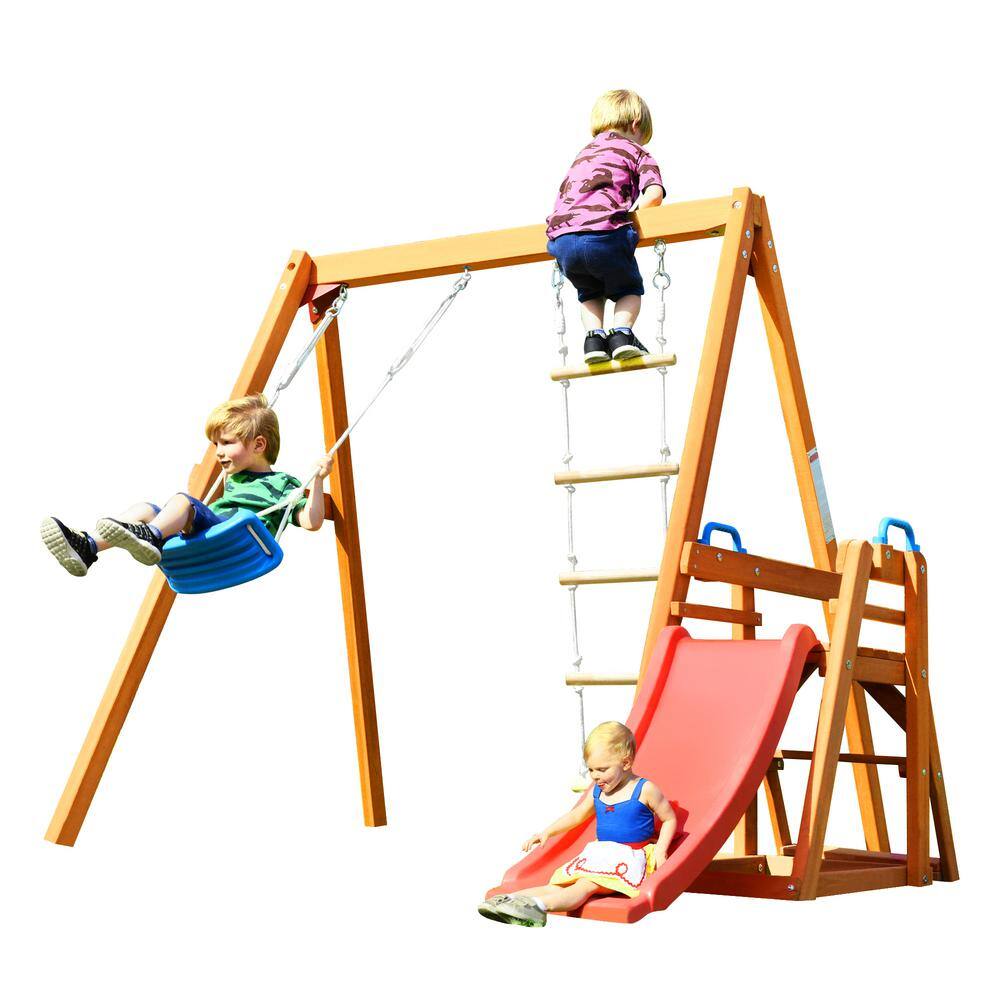 Angel Sar AD000001 Kids Wooden Swing Set with Slide. Outdoor Playset Backyard Activity Playground Climb Swing Set