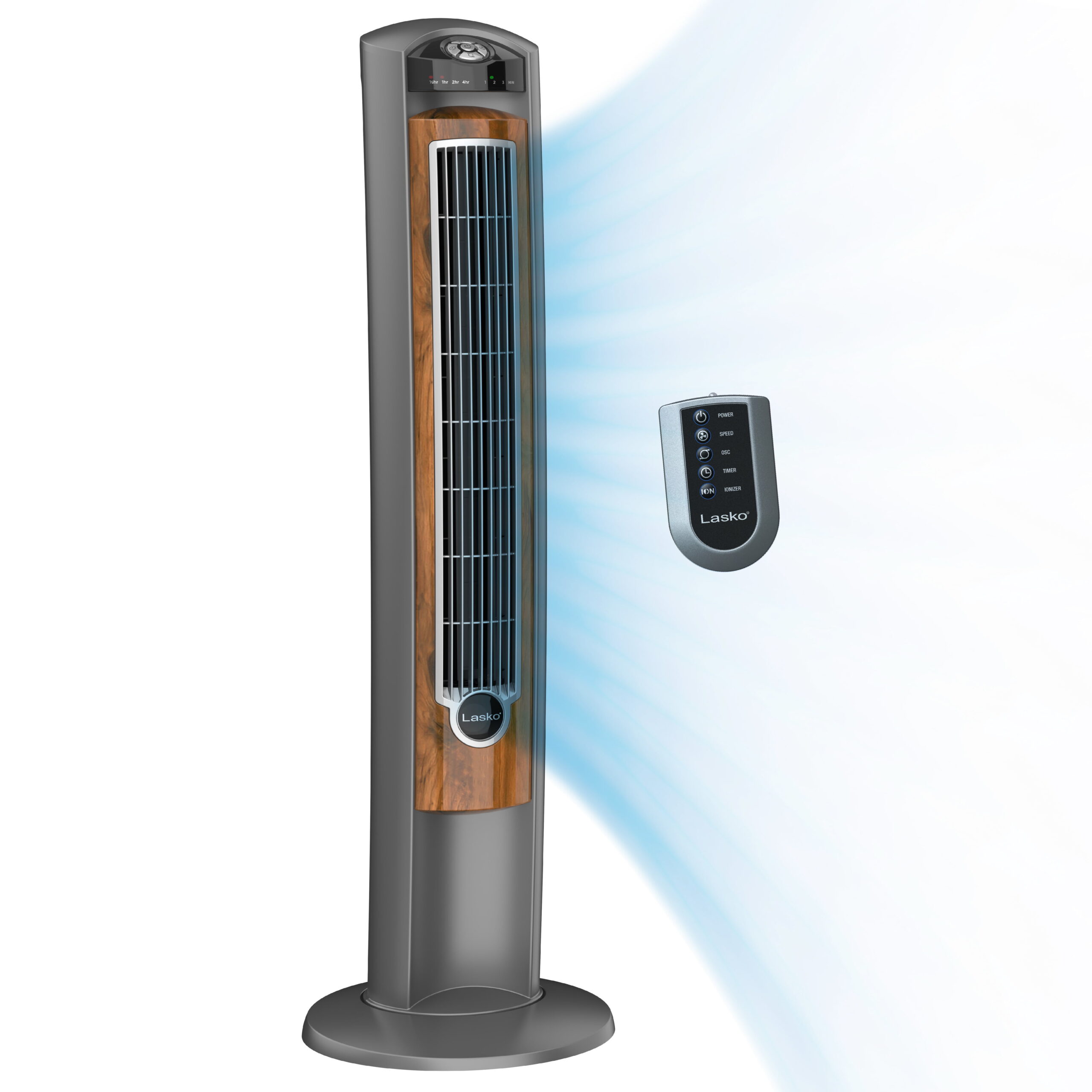 Lasko 42″ Wind Curve Tower Fan with Ionizer and Remote. 2554. Gray/Woodgrain