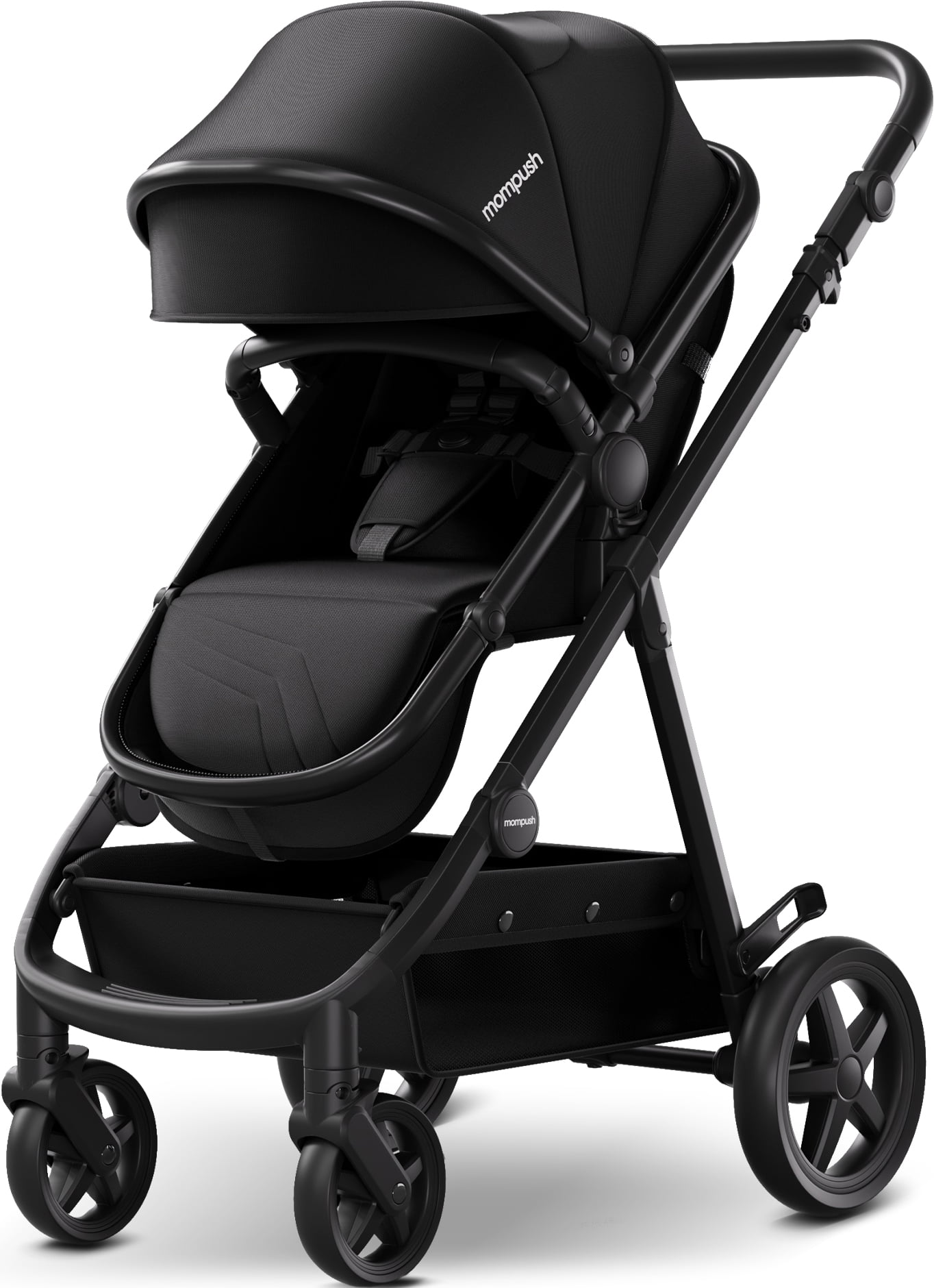 Mompush Meteor2. 2-in-1 Baby Stroller with Bassinet Mode. Adjustable Handle and Footrest. Car Seat Adapter Include. Black. Unisex