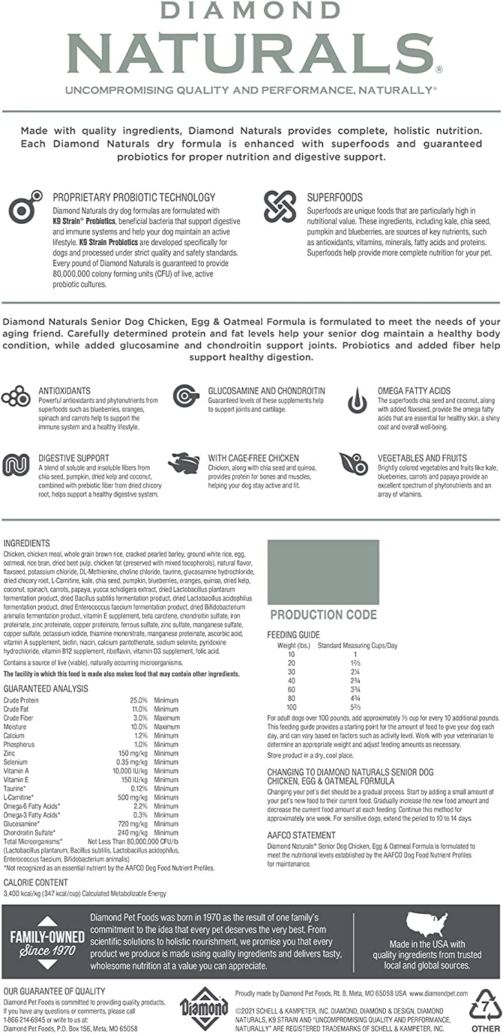 Diamond Naturals Senior Real Meat Recipe Natural Dry Dog Food With Real Cage Free Chicken. 35Lb