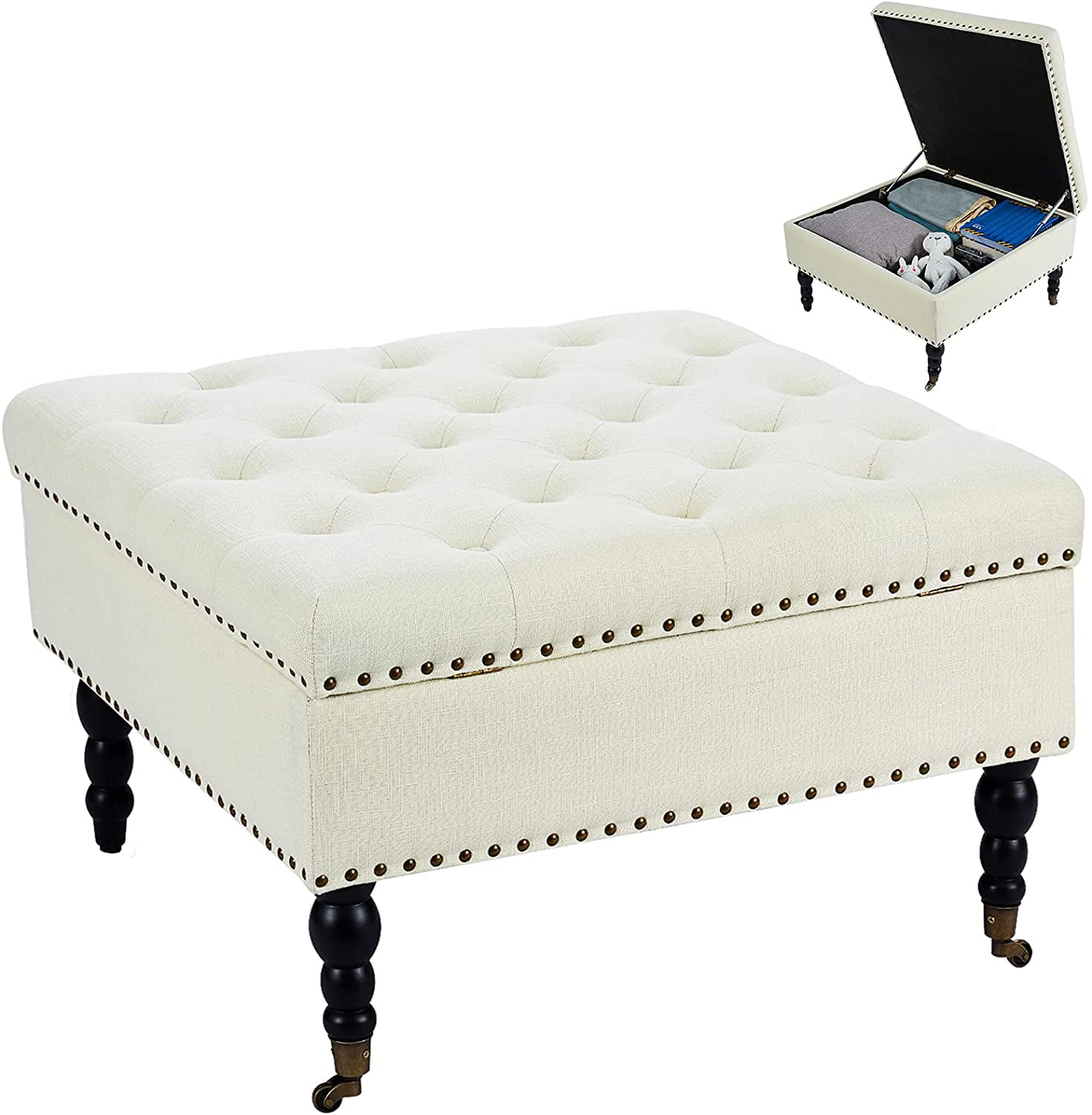 AVAWING 29″ Square Tufted Button Storage Ottoman Table Bench with Rolling Wheels Nailhead Trim Linen Fabric Foot Rest Stool/Seat for Bedroom. livingroom and Hallway (White)
