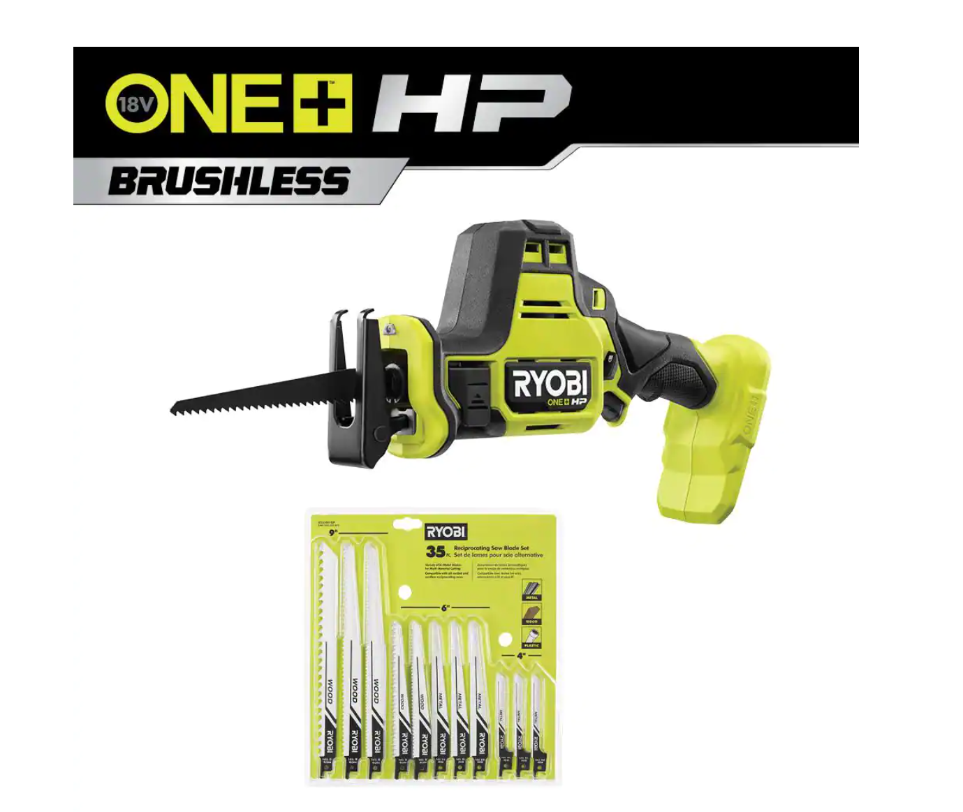 RYOBI PSBRS01B-A233501 ONE+ HP 18V Brushless Cordless Compact One-Handed Reciprocating Saw (Tool Only) w/ Reciprocating Saw Blade Set (35Piece)