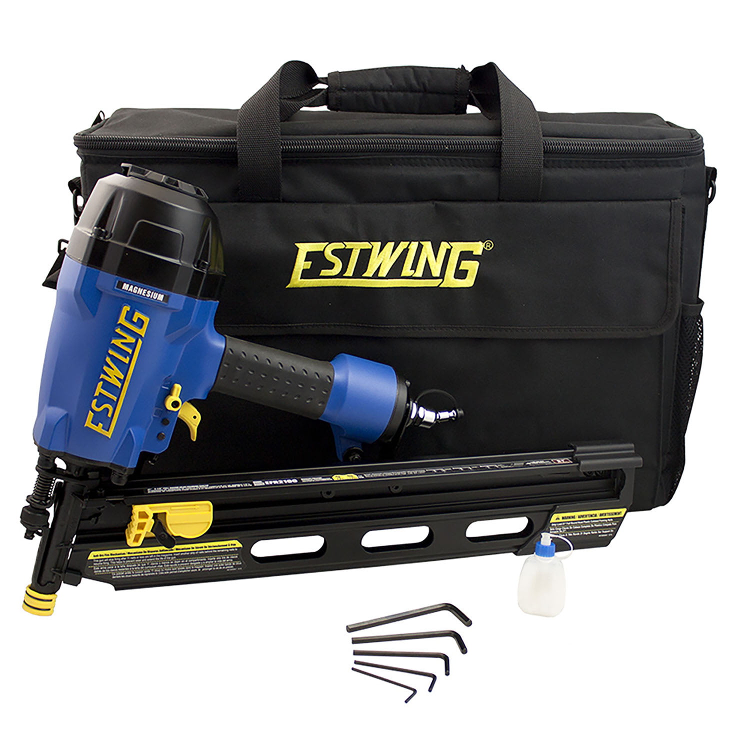 Estwing EFR2190 Pneumatic 21 Degree 3-1/2″ Framing Nailer with Adjustable Metal Belt Hook. 1/4″ NPT Industrial Swivel Fitting. and Bag