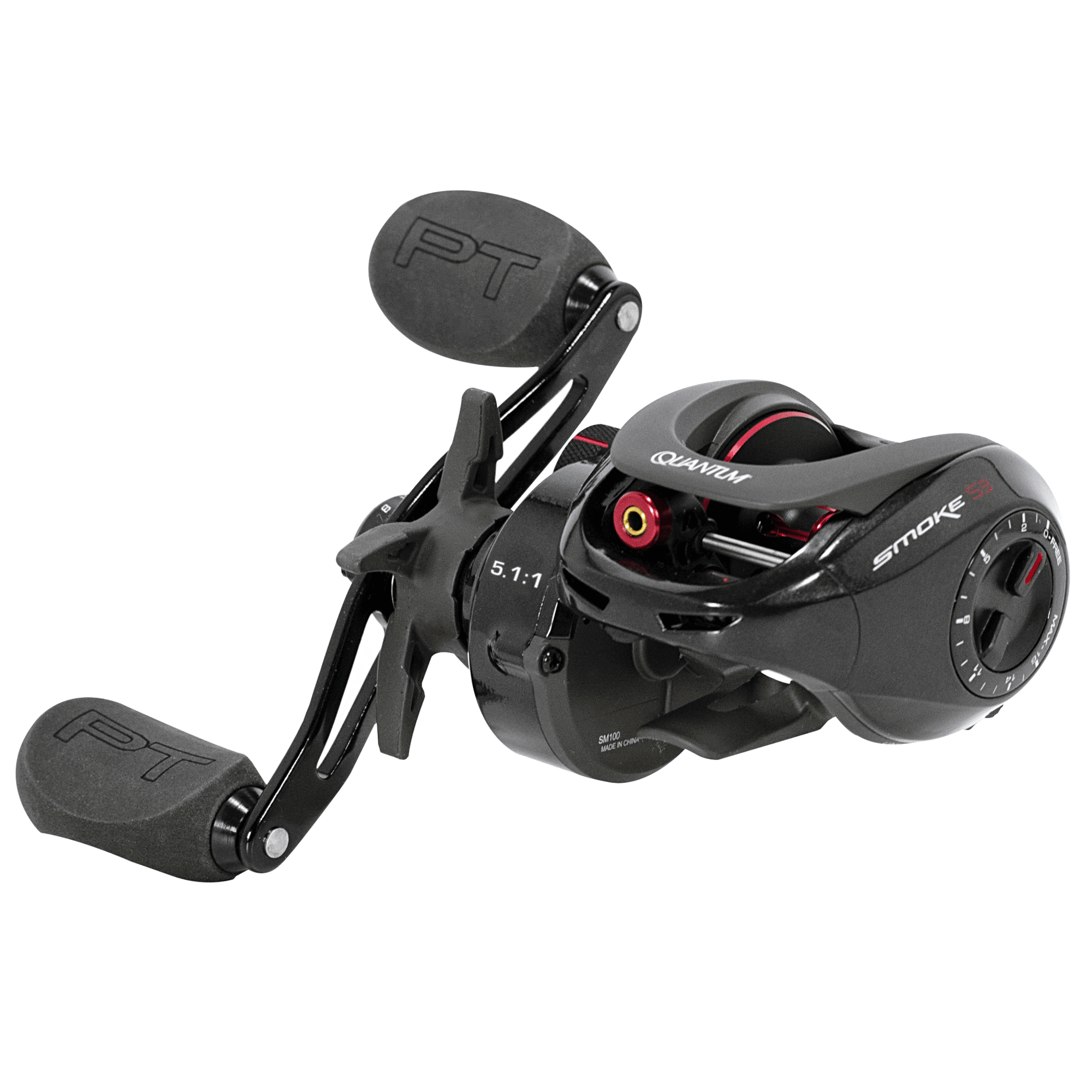 Quantum Smoke Baitcast Fishing Reel. Size 100 Reel. Right-Hand Retrieve. Large EVA Handle Knobs and Continuous Anti-Reverse Clutch. 10+1 Bearings. 5.1:1 Gear Ratio. Black