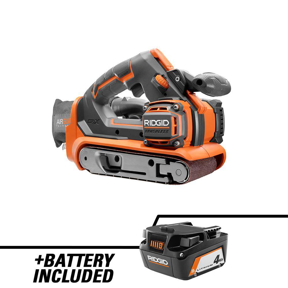 RIDGID R86065B-AC87004 18V Brushless Cordless 3 in. x 18 in. Belt Sander with Dust Bag. Sanding Belt. and 18V Lithium-Ion 4.0 Ah Battery