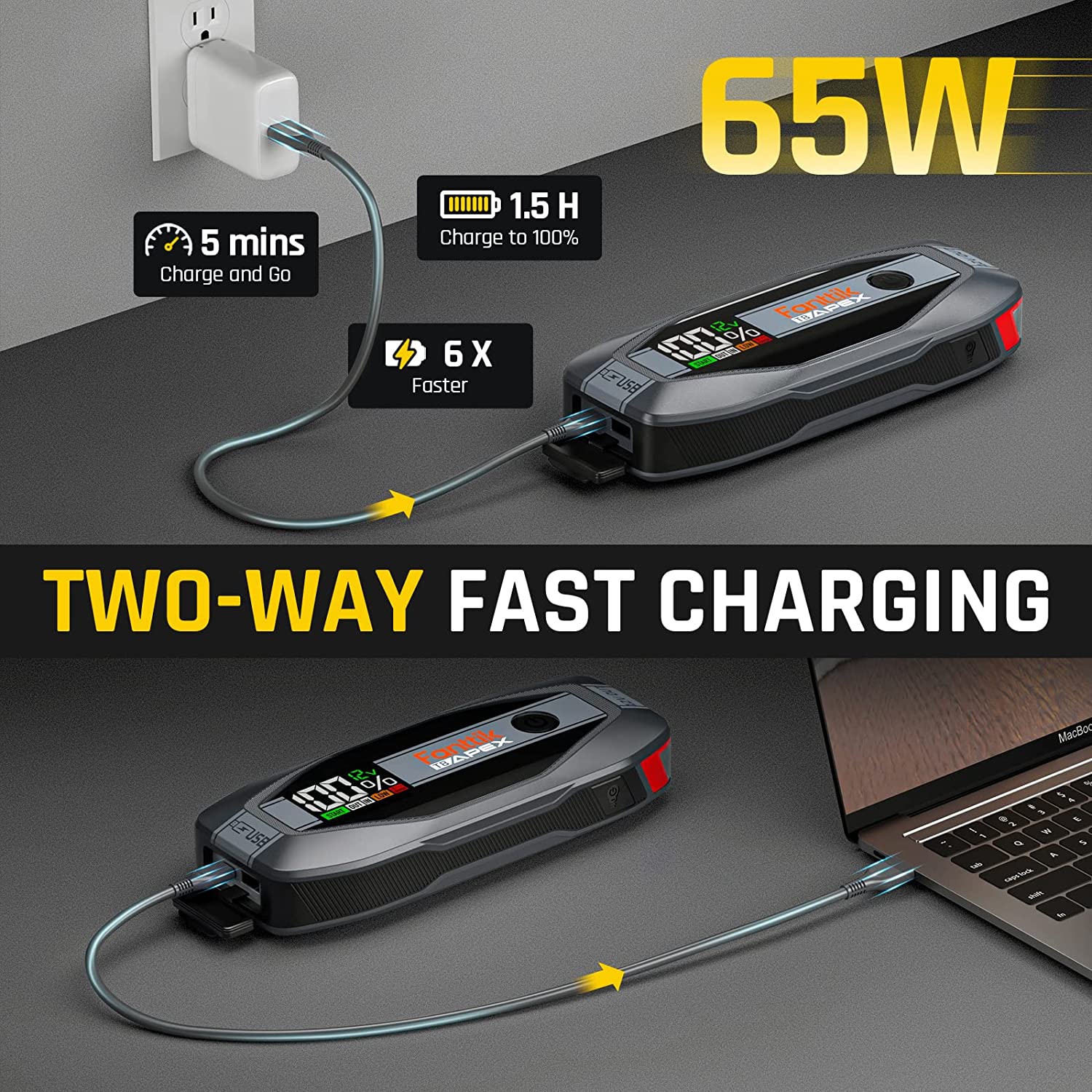 Fanttik T8 APEX 2000 Amp Jump Starter. 65W Two-Way Fast Charging. for Up to 8.5L Gas and 6L Diesel Engines (65W Charger Included)