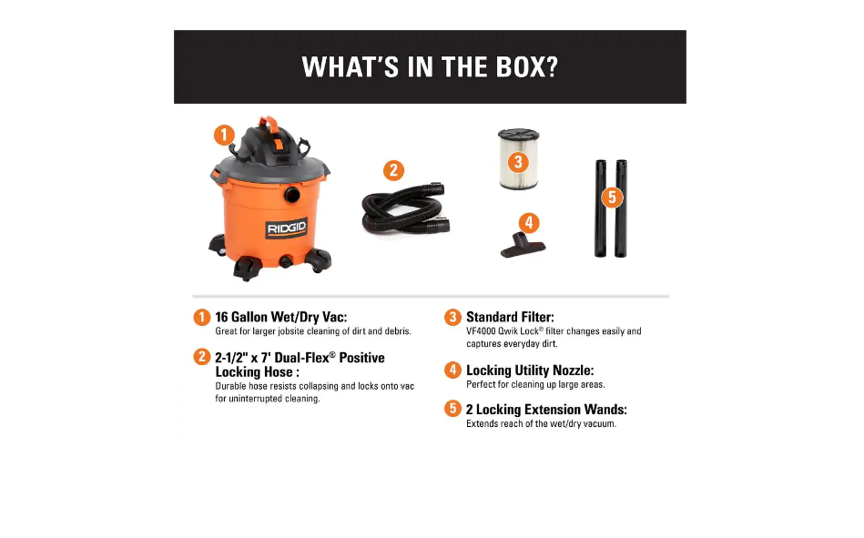 RIDGID HD1640 16 Gal. 5.0-Peak HP NXT Wet/Dry Shop Vacuum with Filter. Hose and Accessories