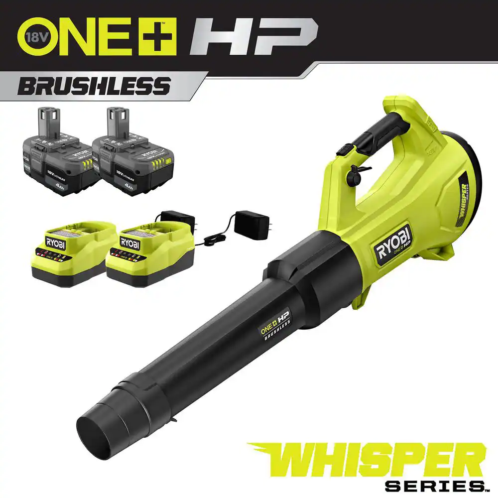 RYOBI P21140-BK ONE+ HP 18V Brushless Whisper Series 130 MPH 450 CFM Cordless Battery Leaf Blower w/ (2) 4.0 Ah Batteries & (2) Chargers