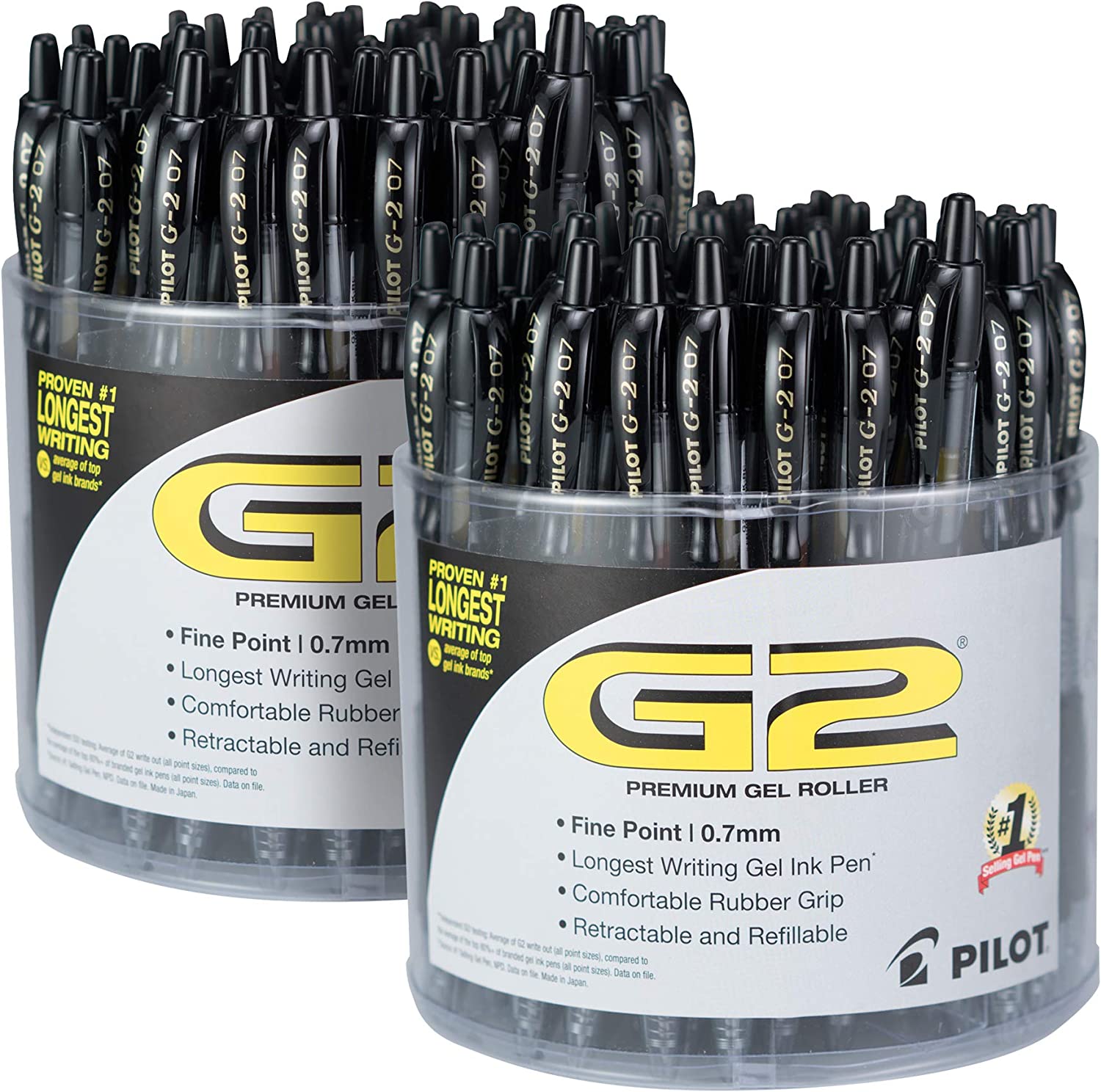 PILOT G2 Premium Refillable and Retractable Rolling Ball Gel Pens. Fine Point. Black Ink. Pack of 2 Tubs (144 Total) (56020)