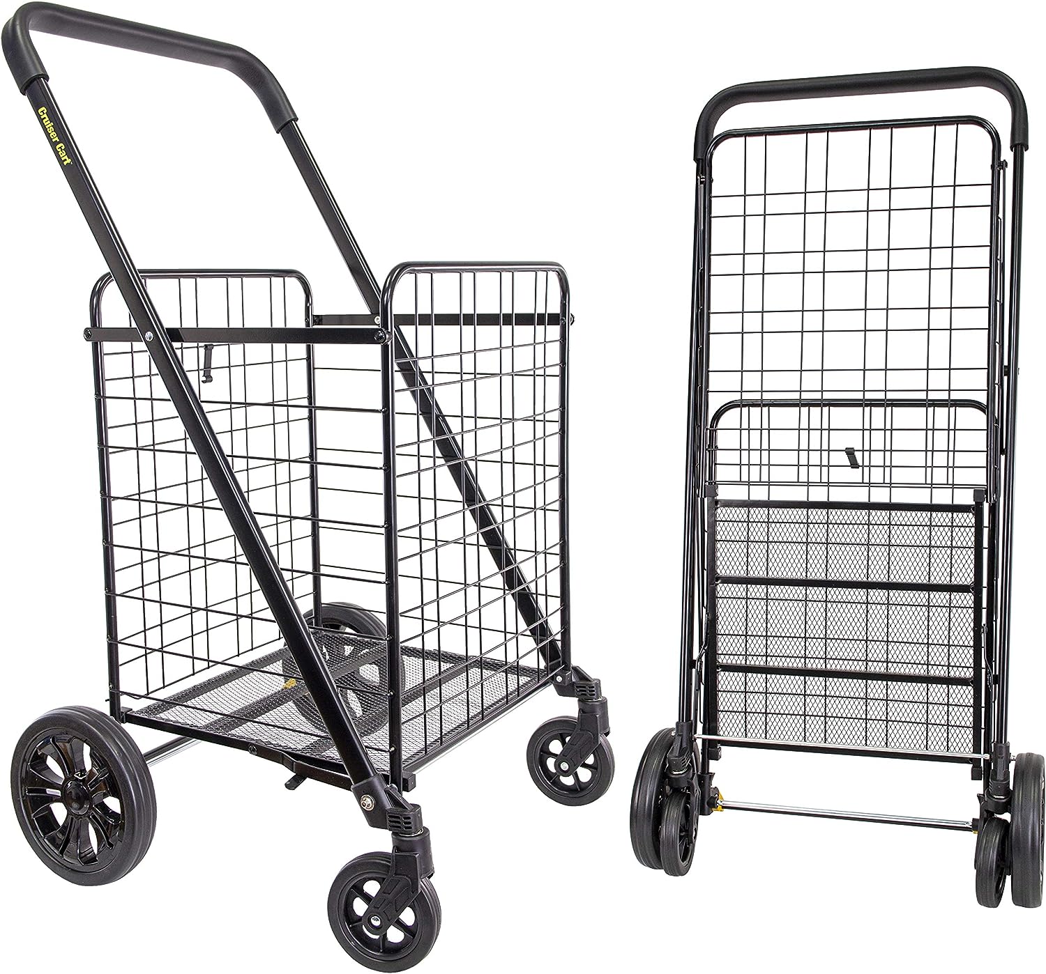 dbest products Cruiser Cart Deluxe 2 Shopping Grocery Rolling Folding Laundry Basket on Wheels Foldable Utility Trolley Compact Lightweight Collapsible. Black