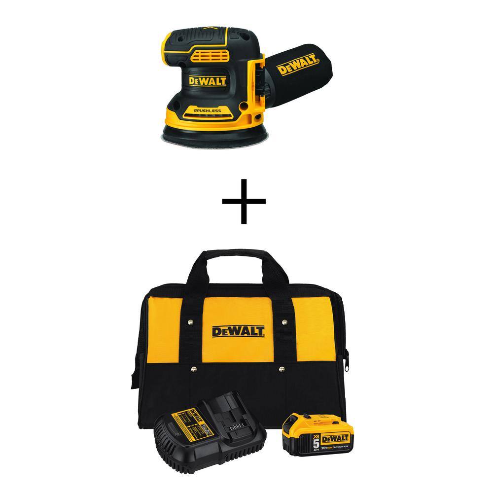 DEWALT DCW210BW205CK 20V MAX XR Cordless Brushless 5 in. Random Orbital Sander. (1) 20V Lithium-Ion 5.0Ah Battery. Charger. and Kit Bag