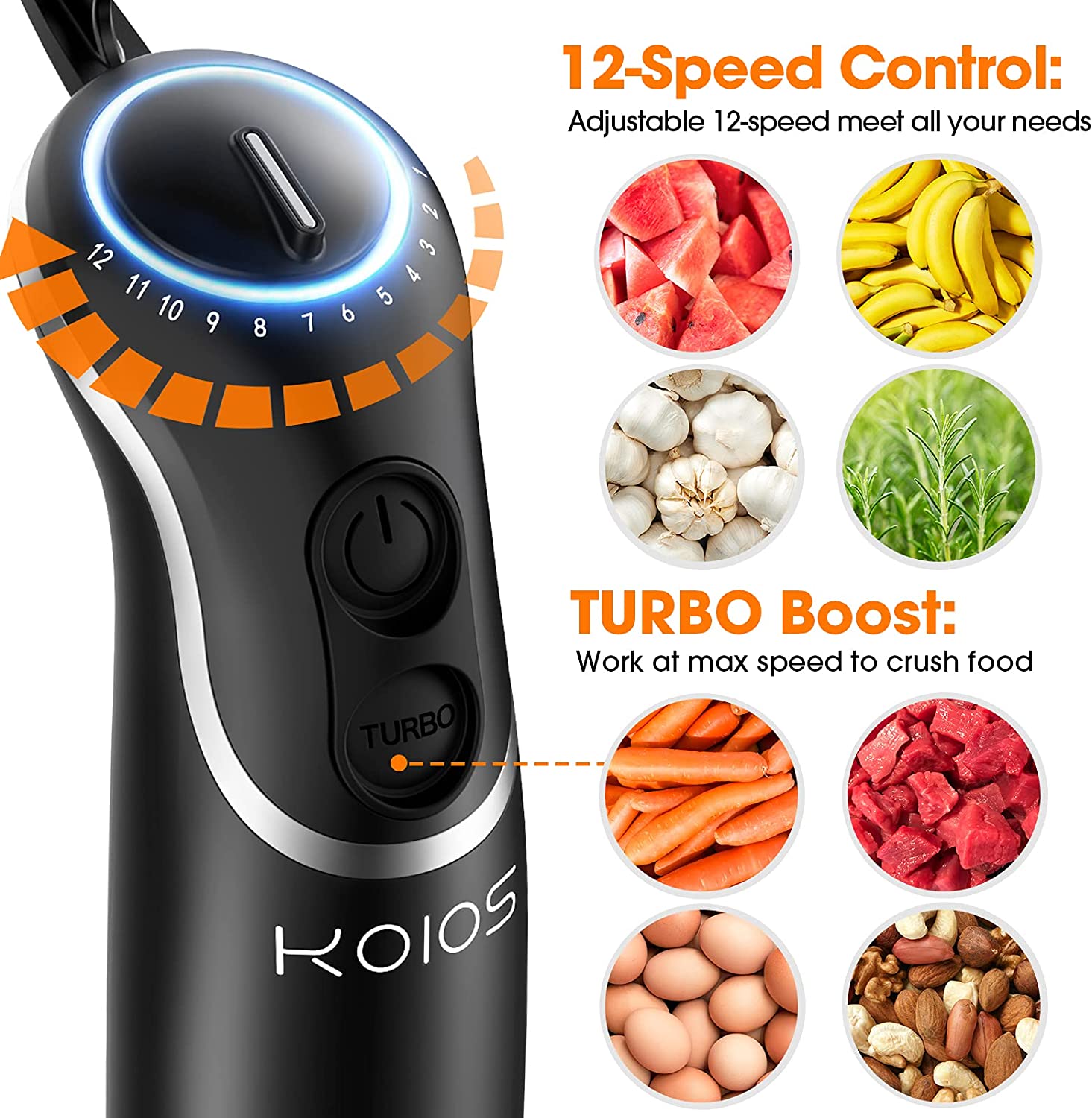 KOIOS Upgraded Immersion Hand Blender. 800W Motor. 12-Speed. 4 in 1 and Turbo Mode. Splashproof Blender Shaft with 304 Stainless Steel Blade. Egg Whisk. BPA-Free 500ml Food Processor. 600ml Beaker