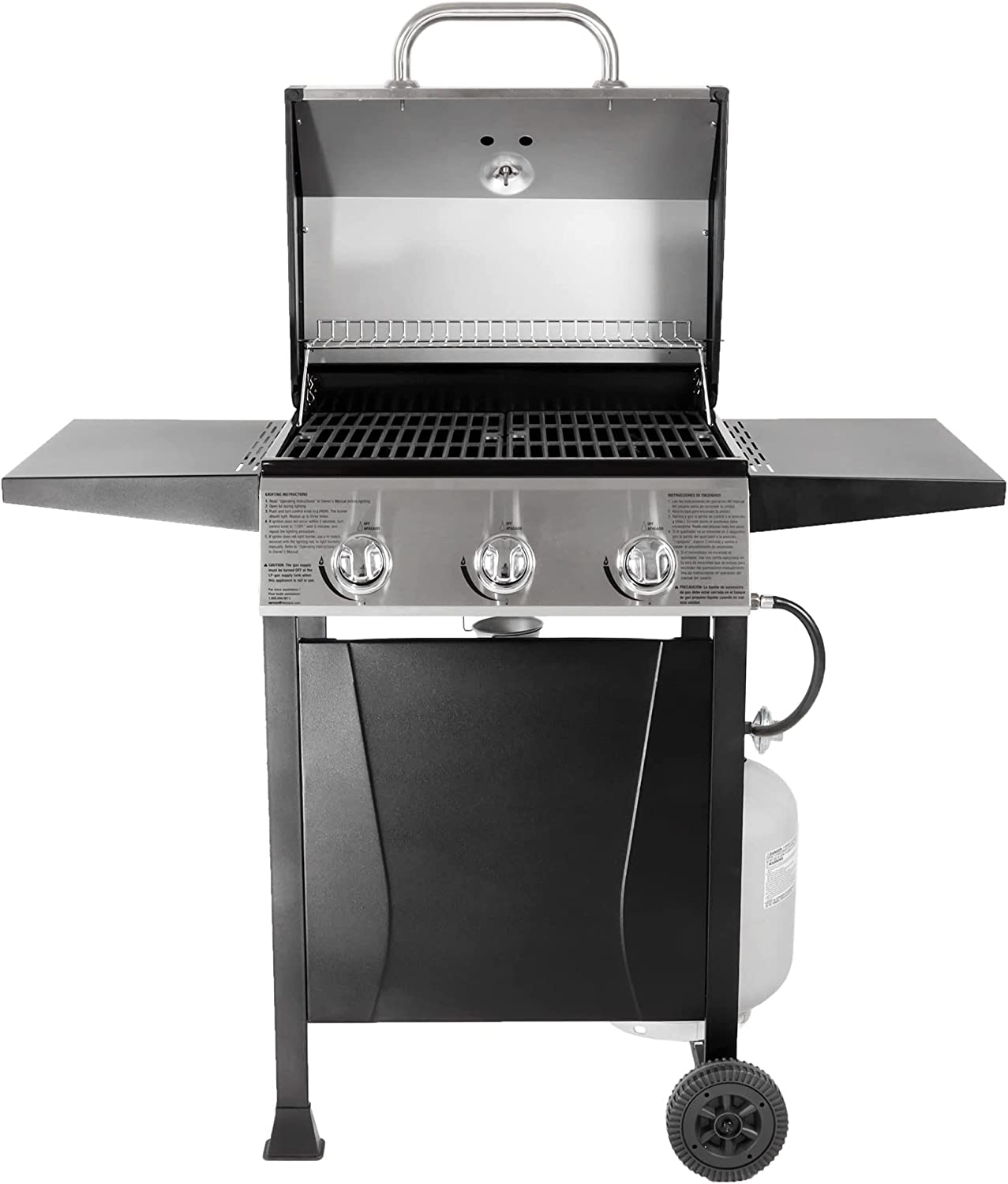 Grill Boss GBC1932M Outdoor BBQ 3 Burner Propane Gas Grill for Barbecue Cooking with Top Cover Lid. Wheels. & Side Shelves. Black
