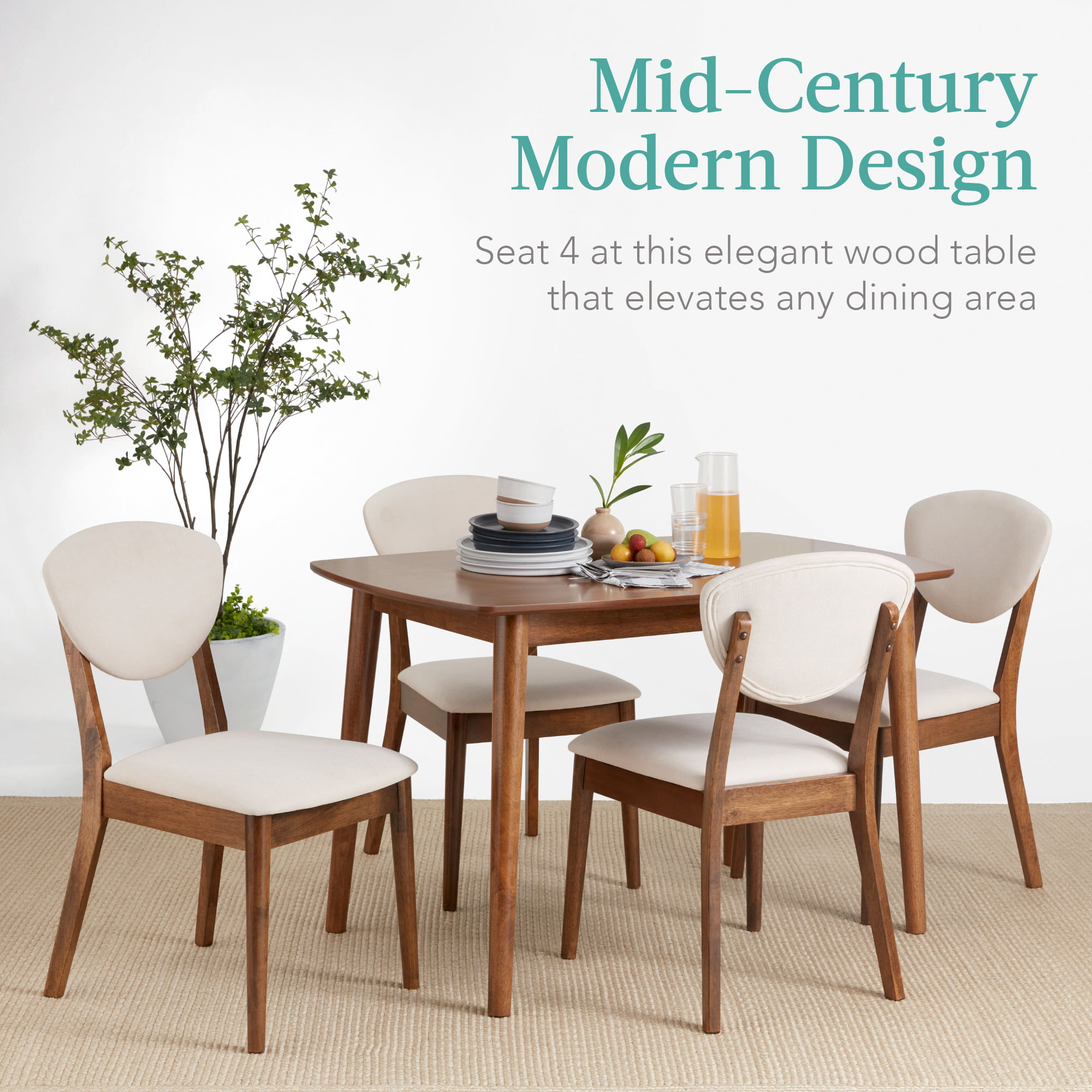 Best Choice Products 5-Piece Compact Wooden Mid-Century Modern Dining Set w/ 4 Chairs. Padded Seat & Back - Brown/White