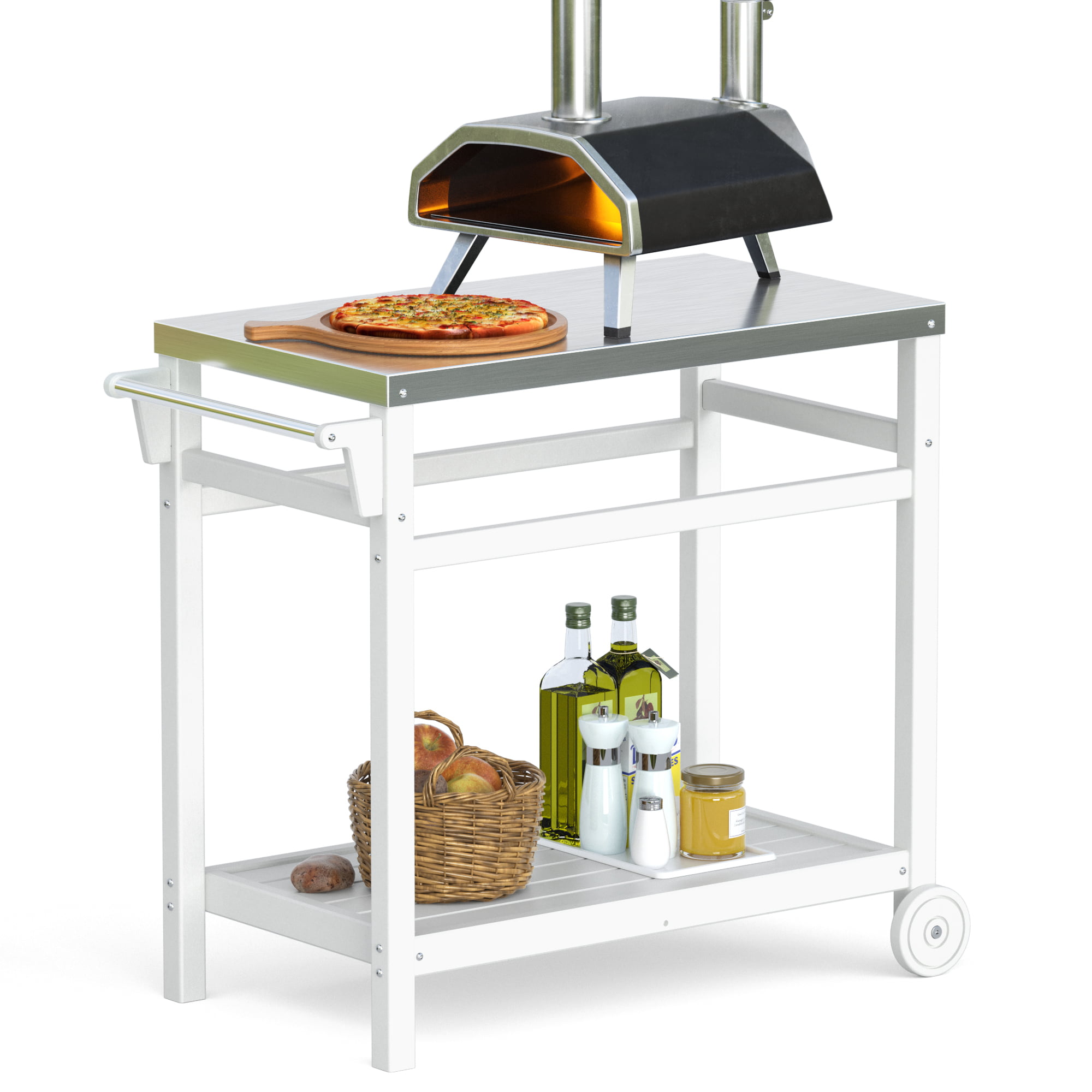 TORVA Outdoor Prep Cart Dining Table for Pizza Oven. Patio Grilling Backyard BBQ Grill Cart. White
