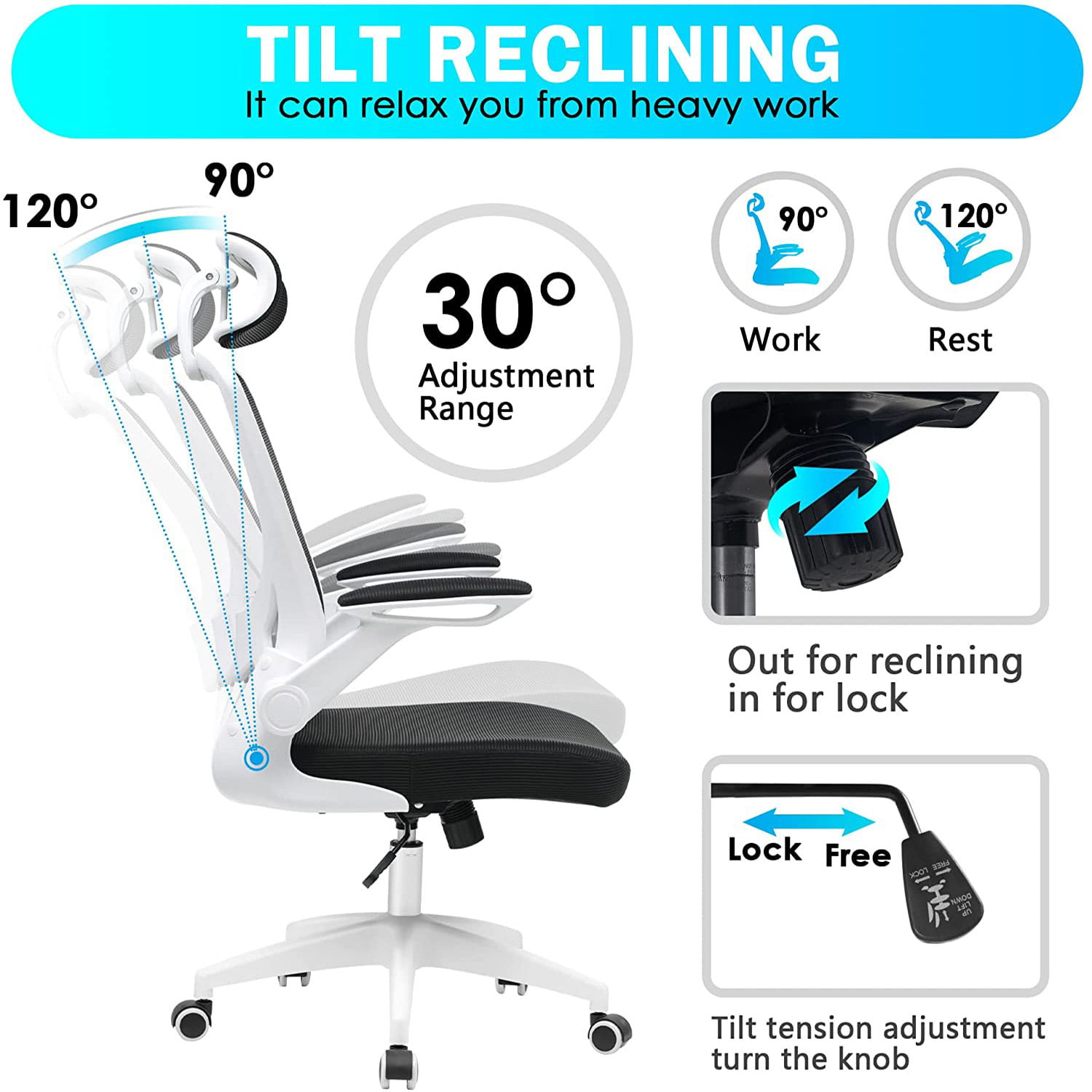 Ergonomic Office Chair. Coolhut Breathable Mesh Desk Chair with Headrest and Flip-up Arms (White)