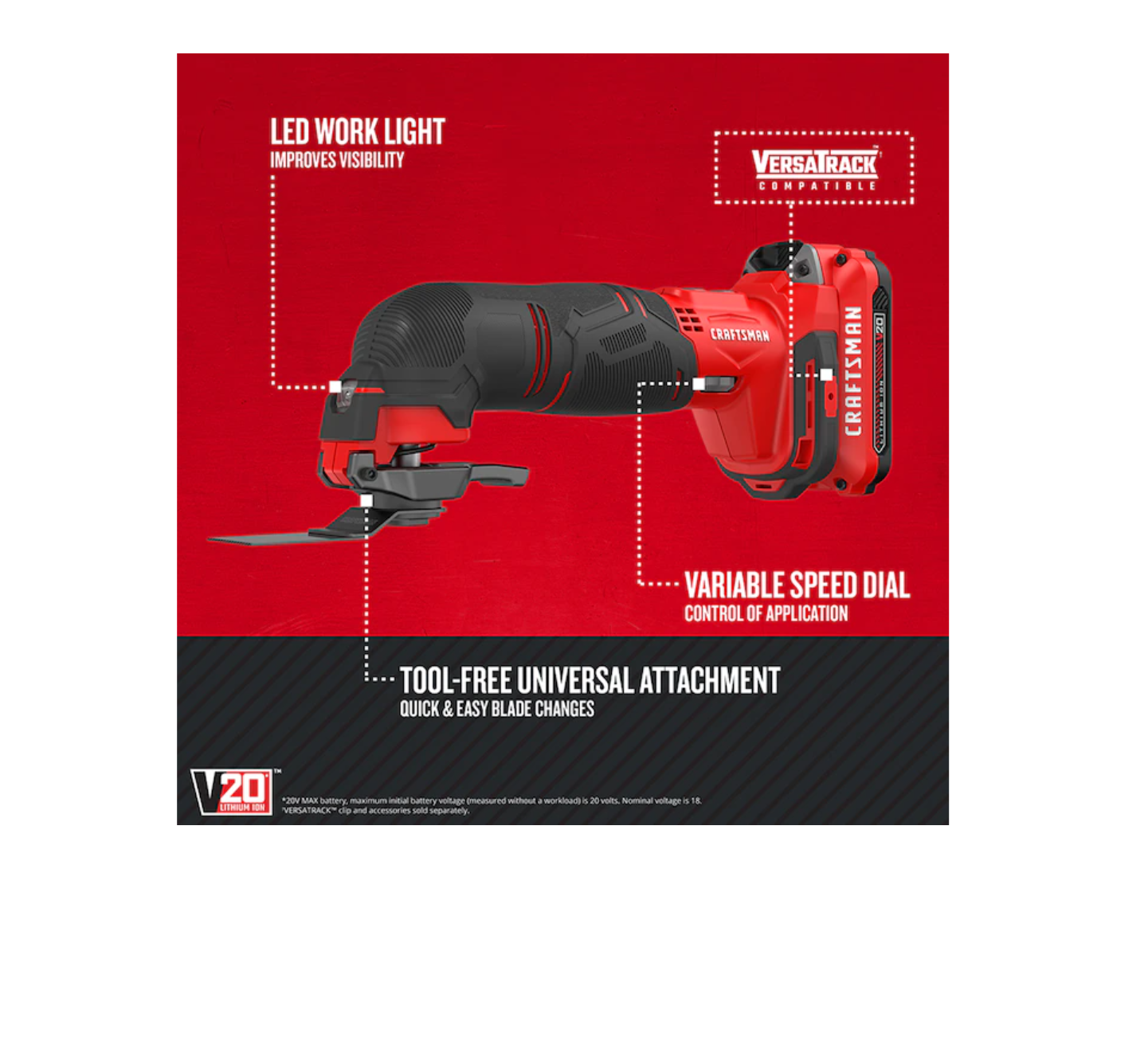 CRAFTSMAN CMCE501D1 V20 11-Piece 20-volt Max Variable Speed Oscillating Multi-Tool Kit with Soft Case (1-Battery Included)