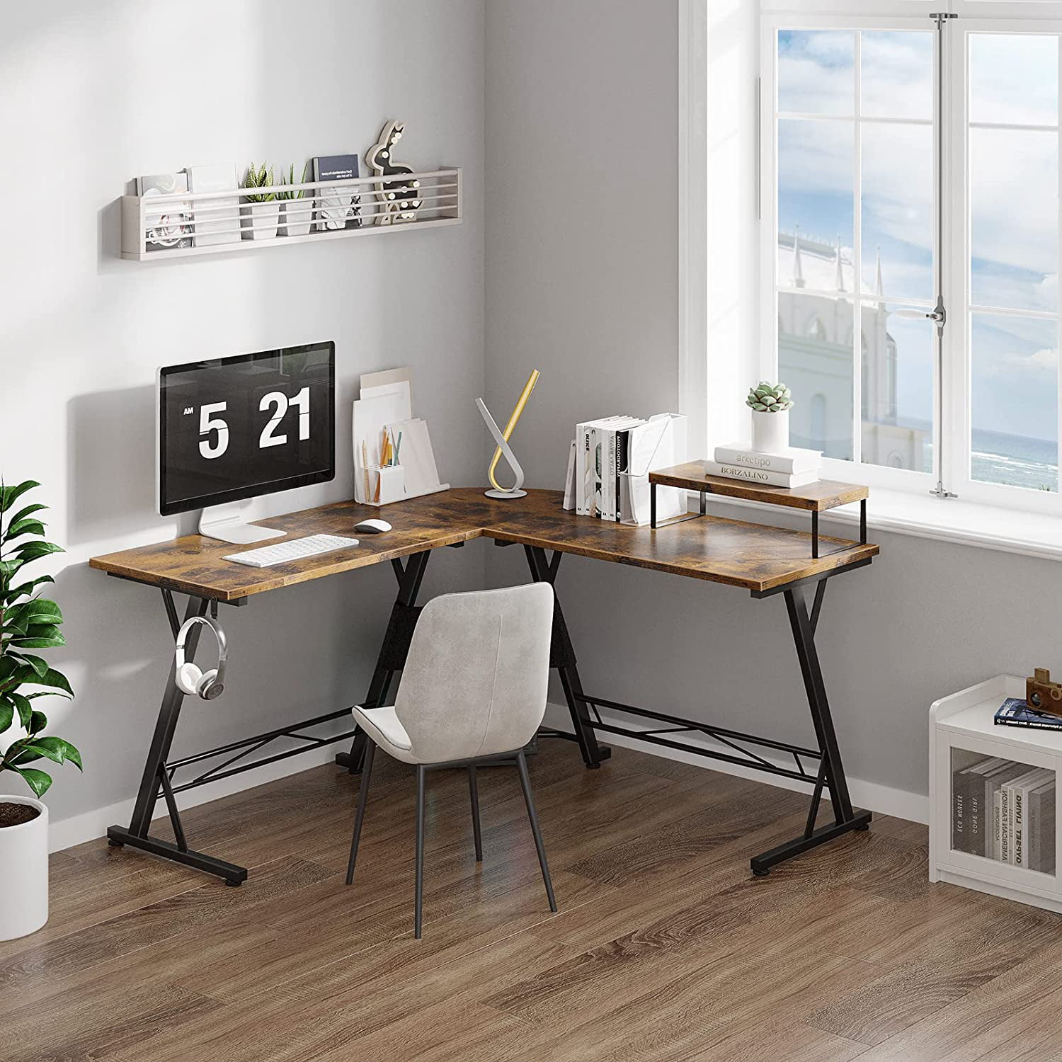 51″ Gaming Desk L Shaped Computer Desk. Corner Desk for Home Office with Monitor Stand. Vintage