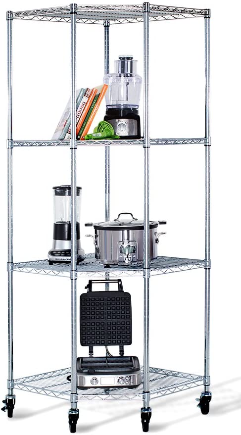 TRINITY EcoStorage 4-Tier Corner Wire Shelving Rack with Wheels. 18″ D. NSF. Chrome