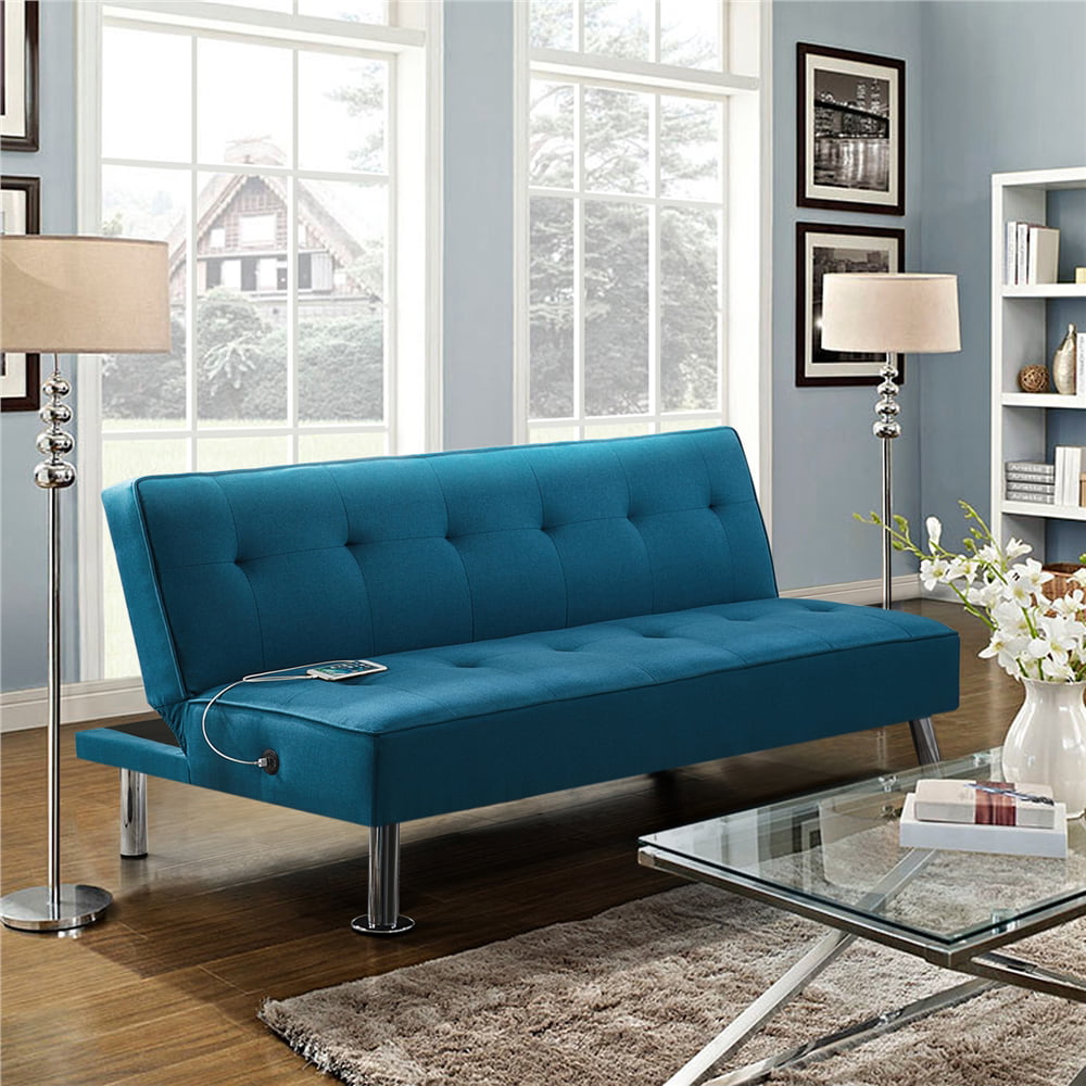 Alden Design Modern Fabric Convertible Futon with USB. Blue