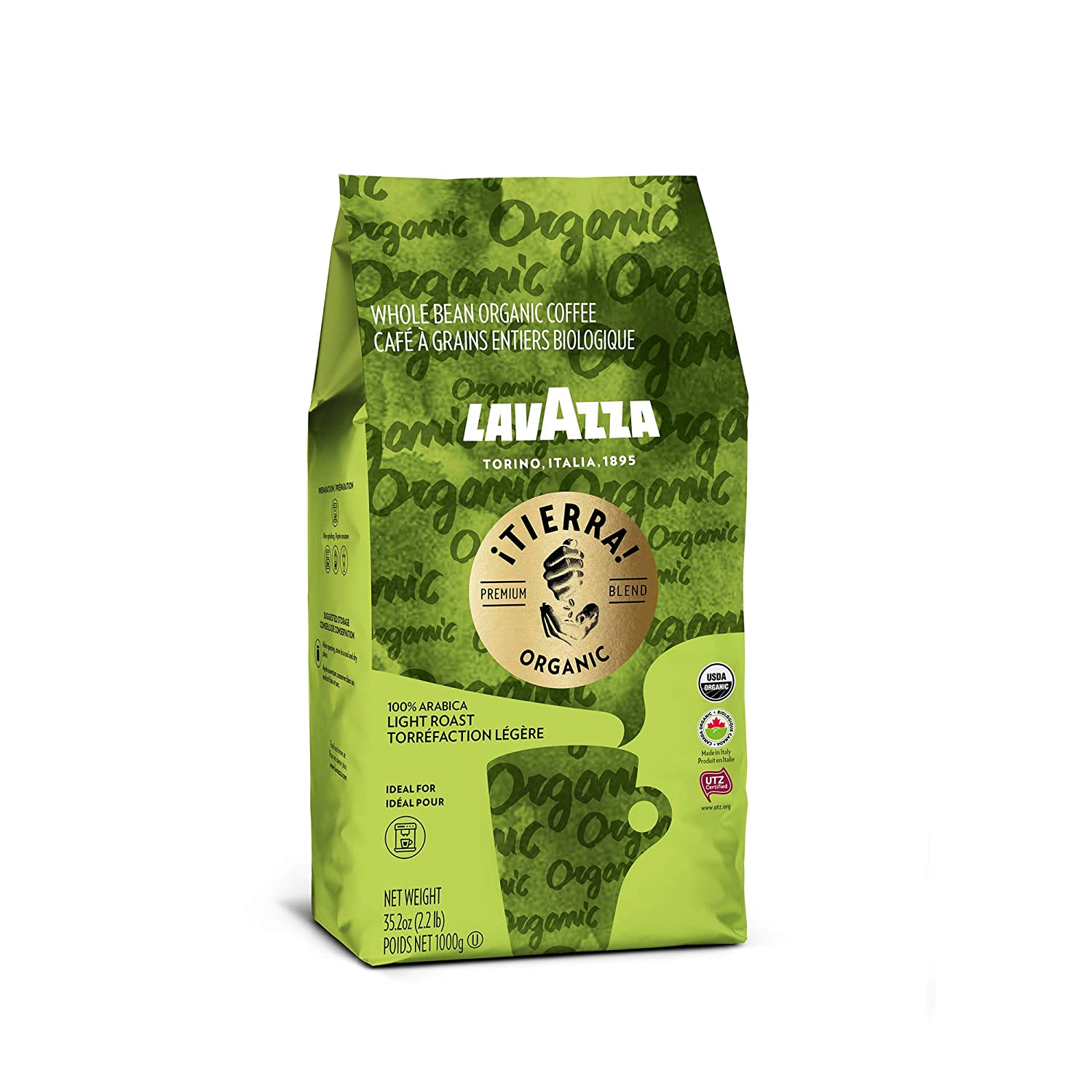 Lavazza Organic Tierra Whole Bean Coffee Blend. Light Roast. 2.2 LB (packaging may vary) .Premium Arabica. USDA Organic. Canada Organic. UTZ & Euro Leaf Organic certified;100% sustainably grown