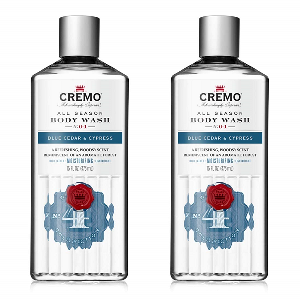 Cremo Rich-Lathering Blue Cedar & Cypress Body Wash. A Woodsy Scent with Notes