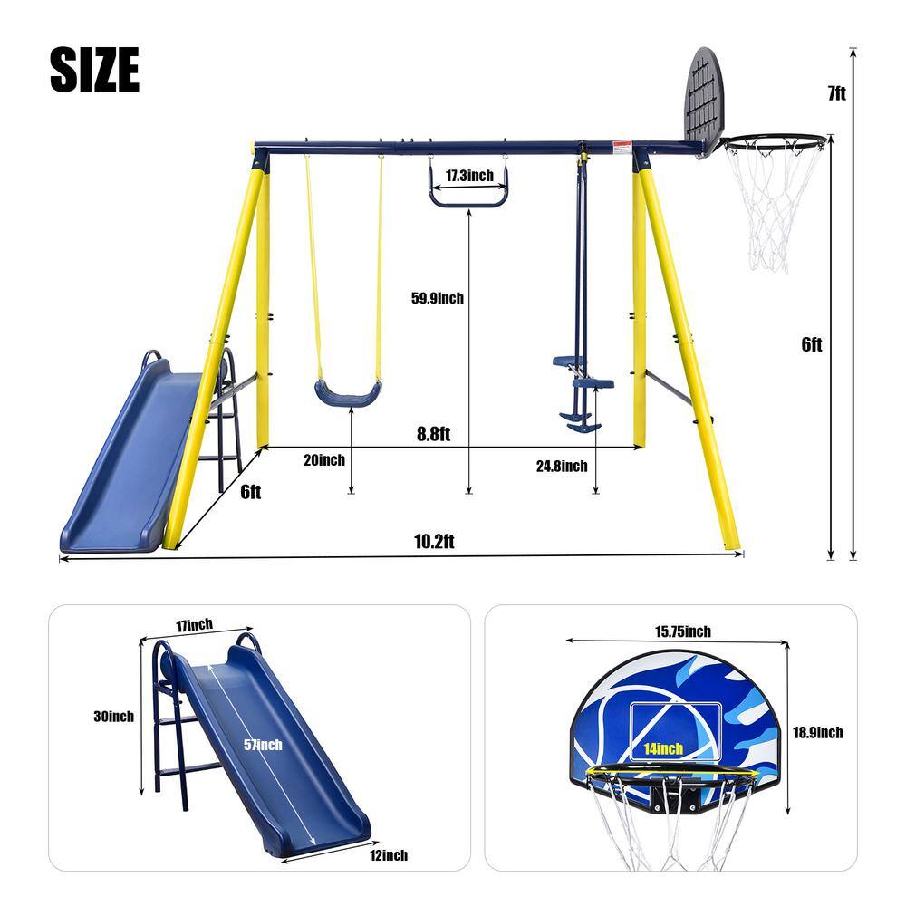 Tidoin MRS-YDMS-08AAC Outdoor Tolddler Swing Set for Backyard with Steel Frame and Seesaw Swing. Basketball Hoop