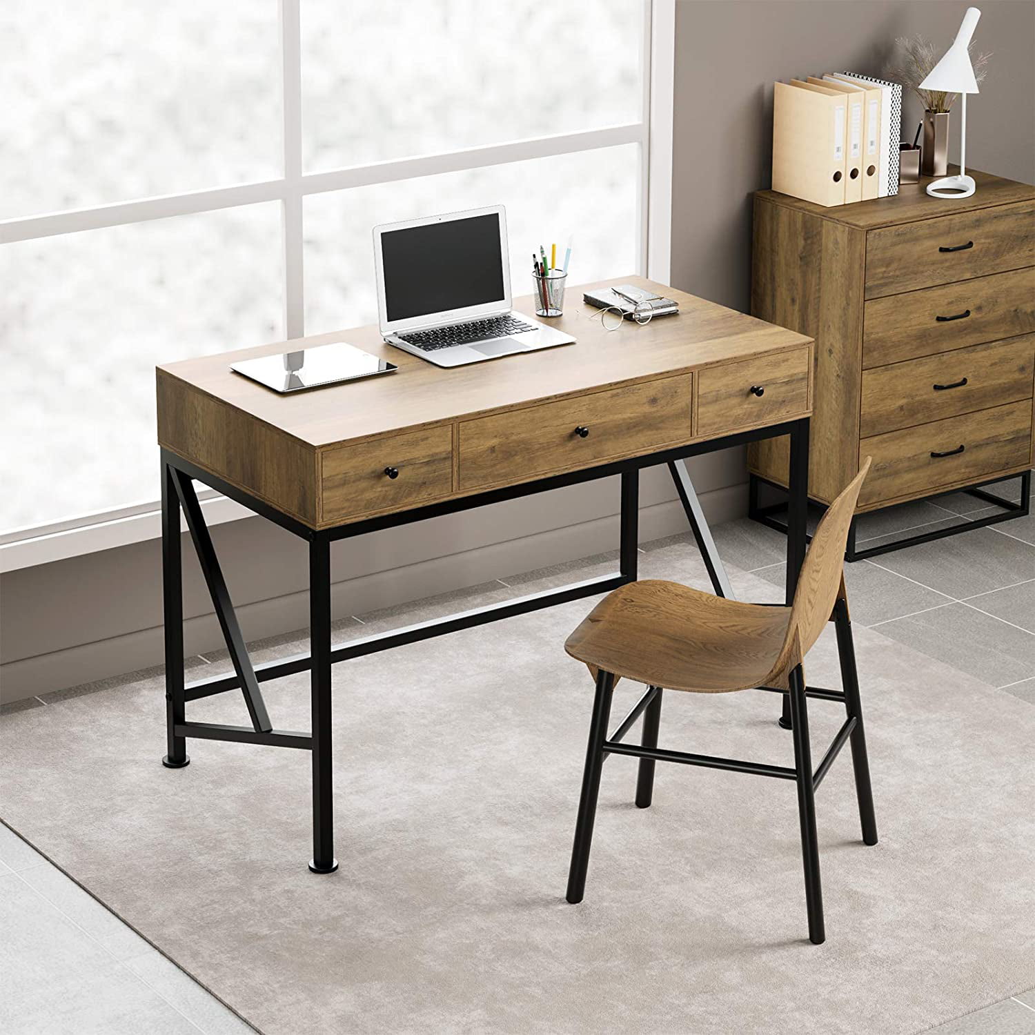 Homfa Writing Desk with Drawers. Wood Computer Desk. Table for Desktop. Laptop Study Table for Home Office. Rustic Brown