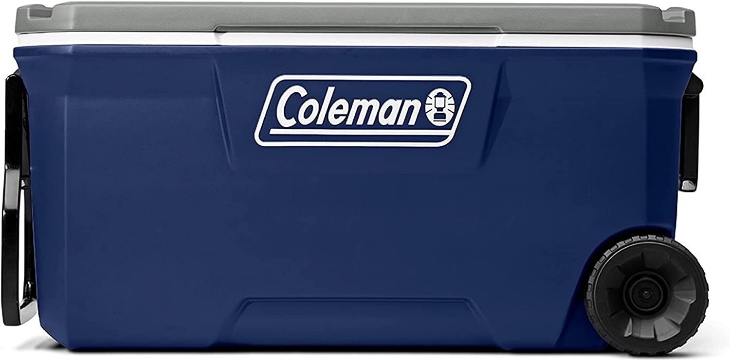 Coleman 316 Series Insulated Portable Cooler with Heavy Duty Wheels. Leak-Proof Wheeled Cooler with 100+ Can Capacity. Keeps Ice for up to 5 Days. 100qt. Twilight