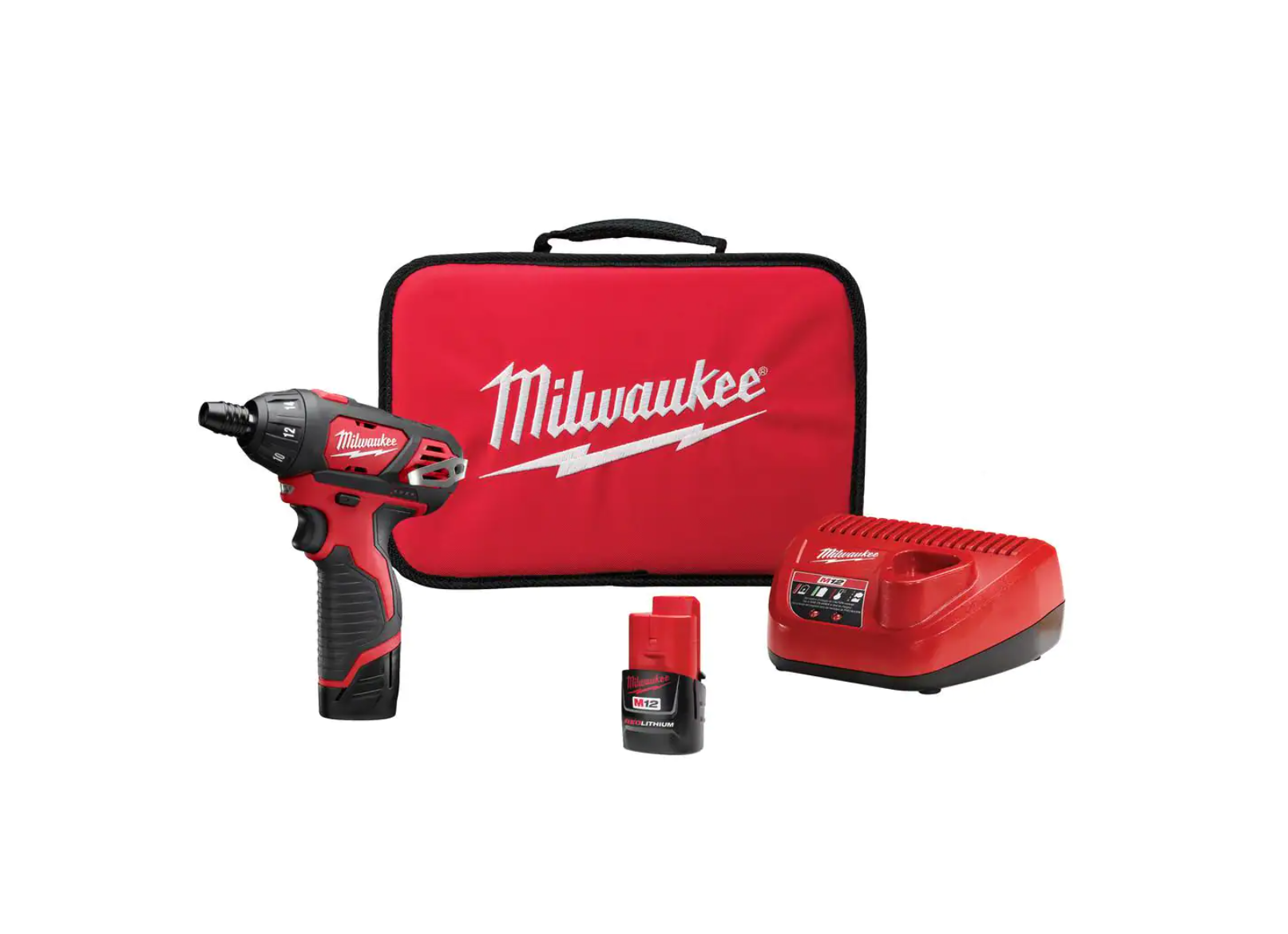 Milwaukee 2401-22 M12 12V Lithium-Ion Cordless 1/4 in. Hex Screwdriver Kit with Two 1.5Ah Batteries. Charger and Tool Bag