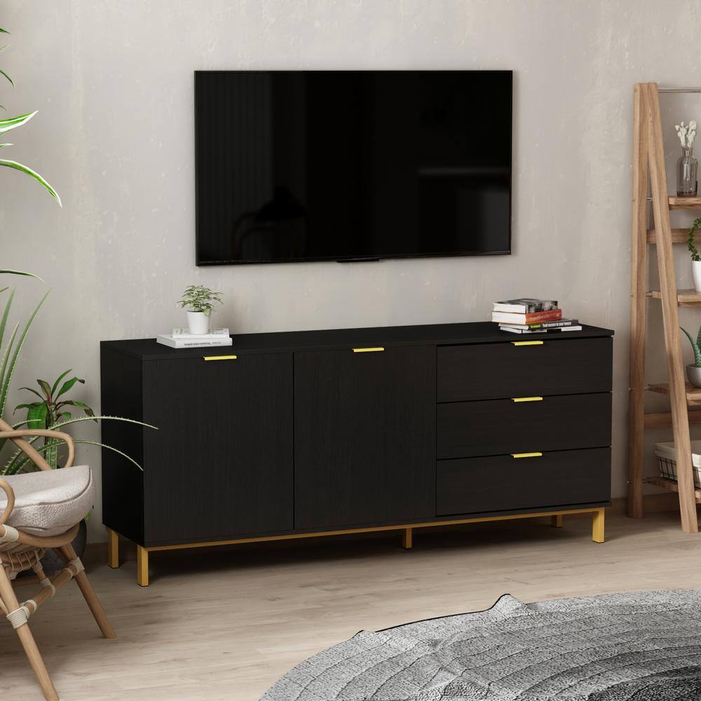 FUFU&GAGA  62.9 in. Wood Black TV Stand Entertainment Center with Storage Cabinet and 3-Drawers Fits TV-s up to 70 in.