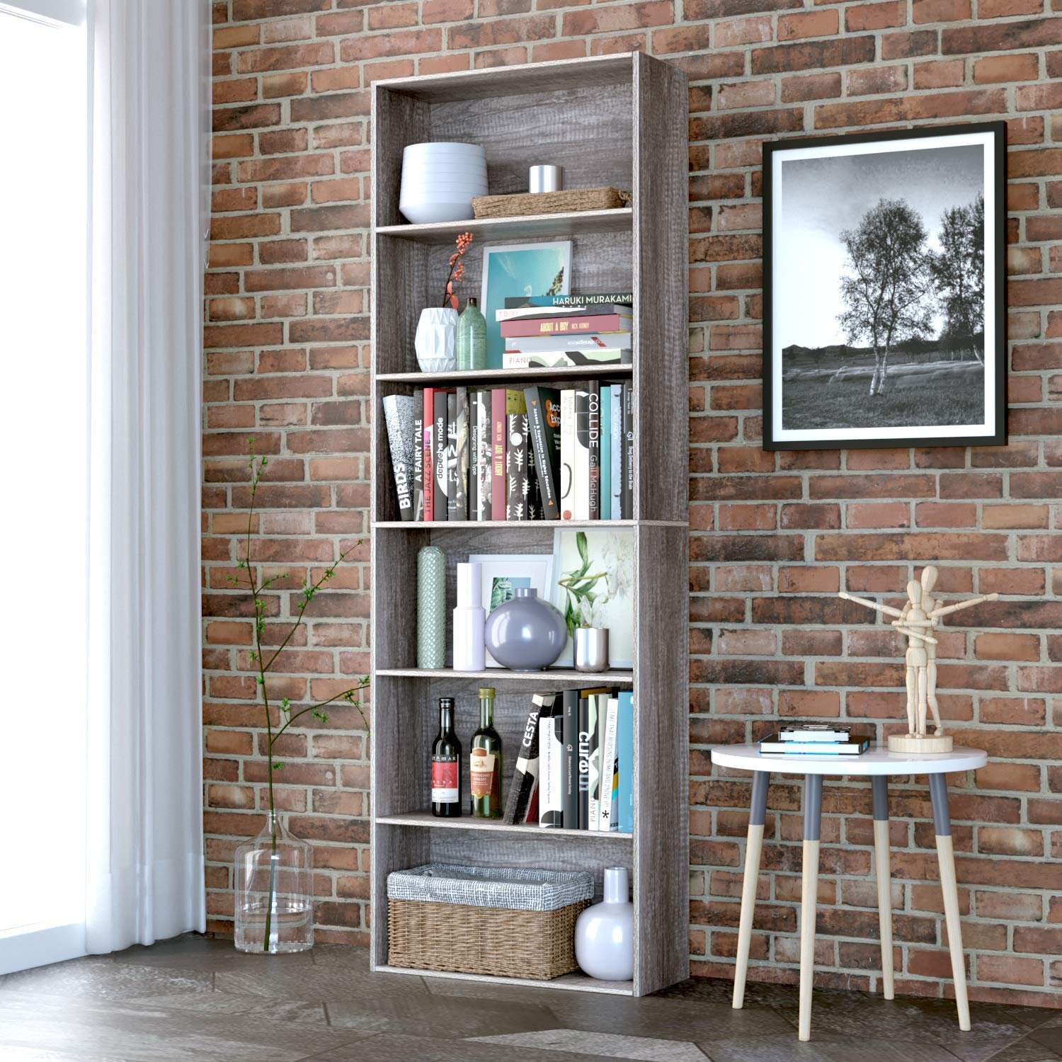 Homfa Standard Bookshelf Bookcase. 6 Tier Tall Bookshelf. Display Shelves Standing Cube Organizer for Living Room. Dark Oak