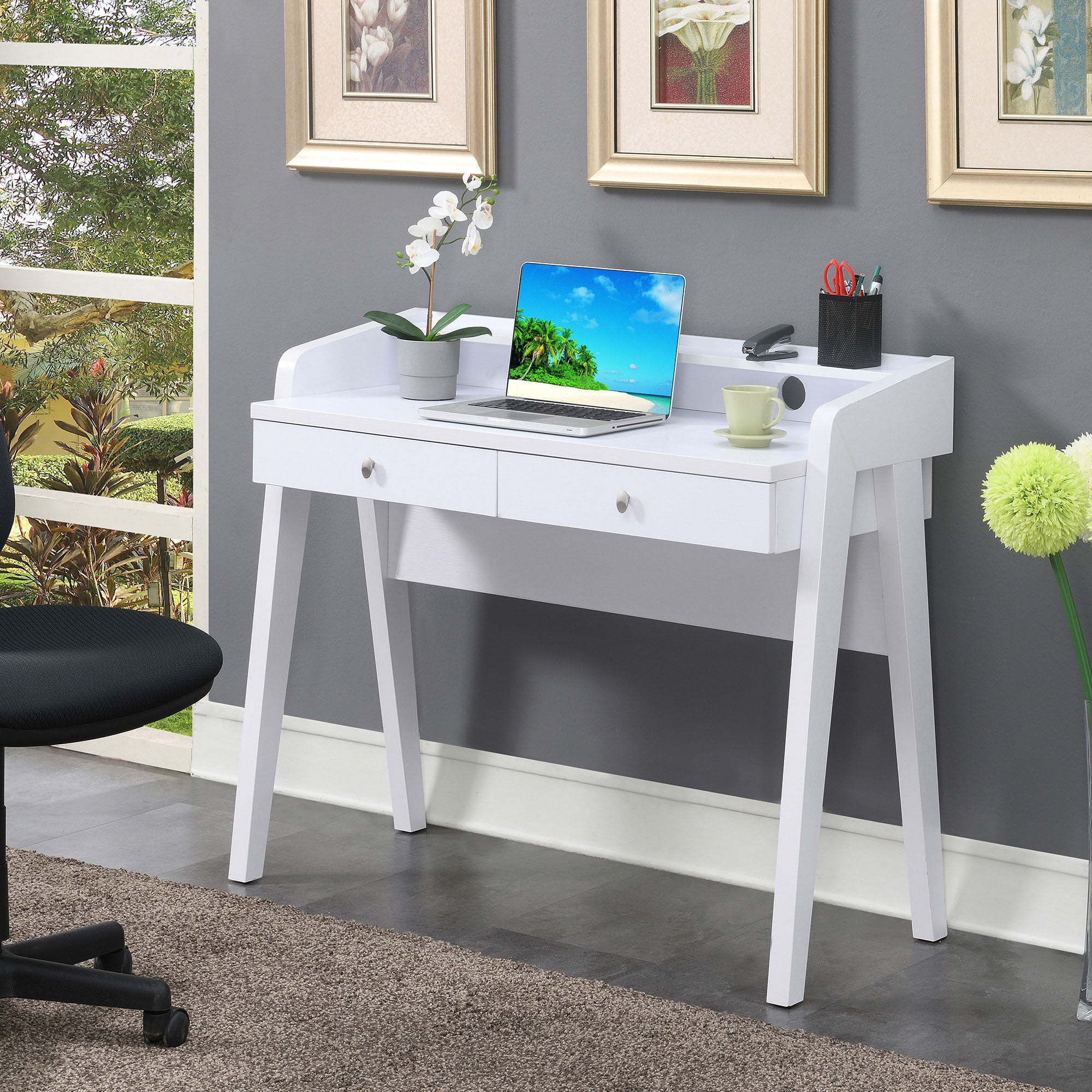 Convenience Concepts Newport Deluxe 2 Drawer Desk with Shelf. White