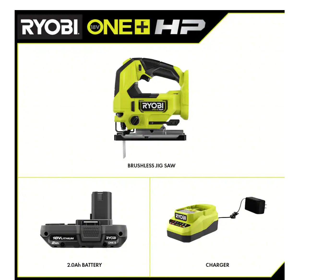 RYOBI Jig Saw PBLJS01B-PSK005 ONE+ HP 18V Brushless Cordless with 2.0 Ah Battery and Charger