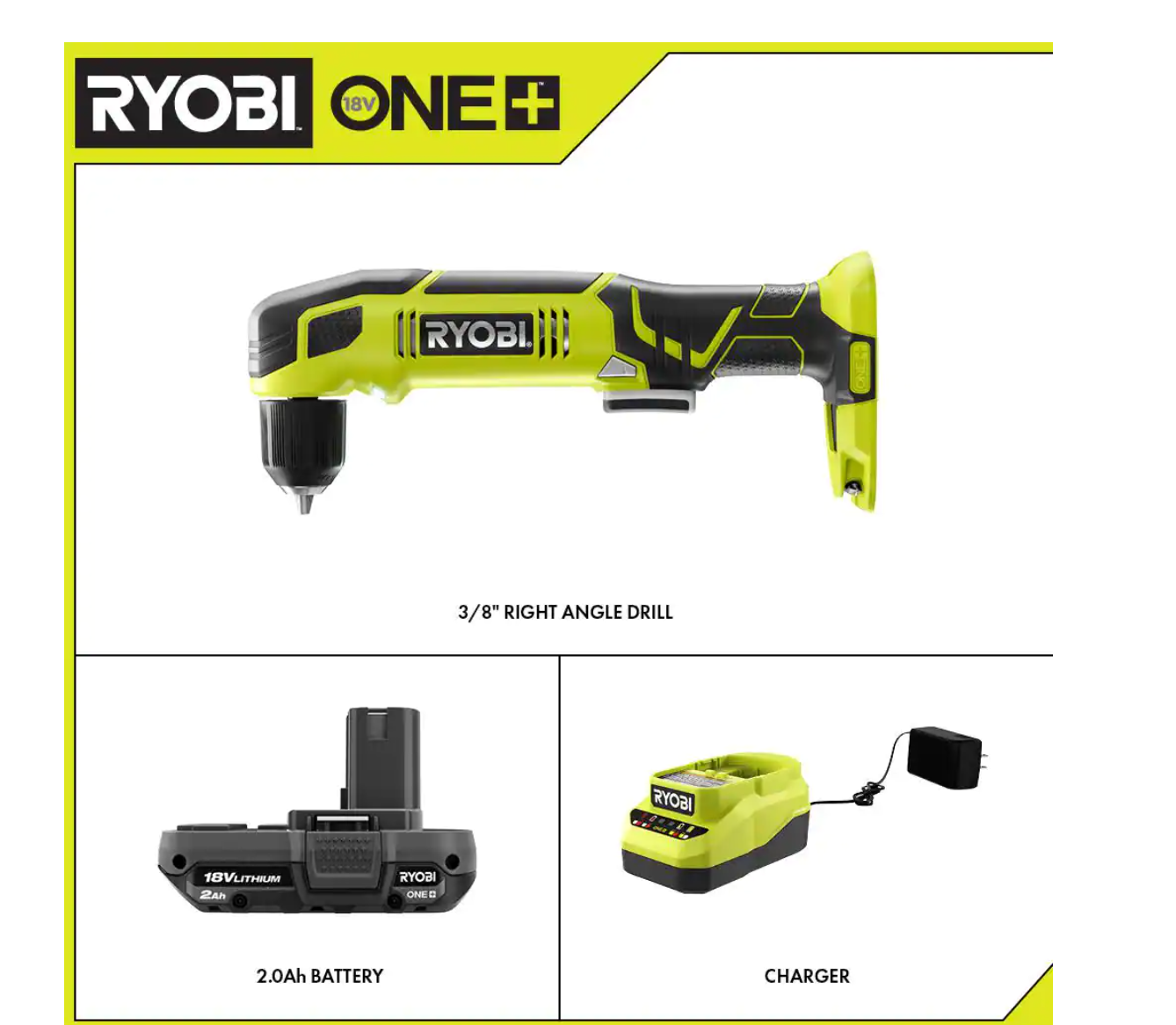 RYOBI P241-PSK005 ONE+ 18V Cordless 3/8 in. Right Angle Drill with 2.0 Ah Battery and Charger