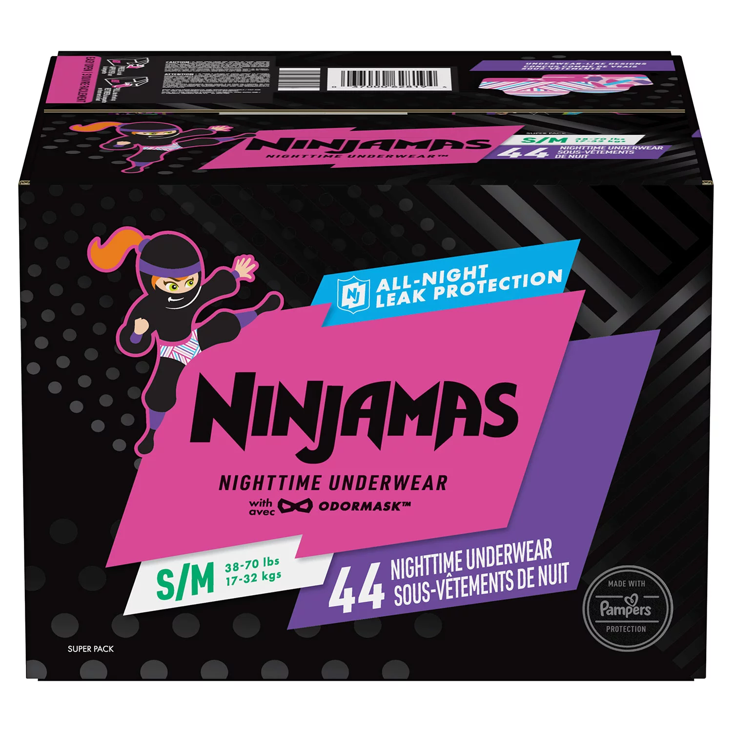Ninjamas Nighttime Bedwetting Underwear for Girls. Size S/M (38 - 65 lbs.) - 44 ct.