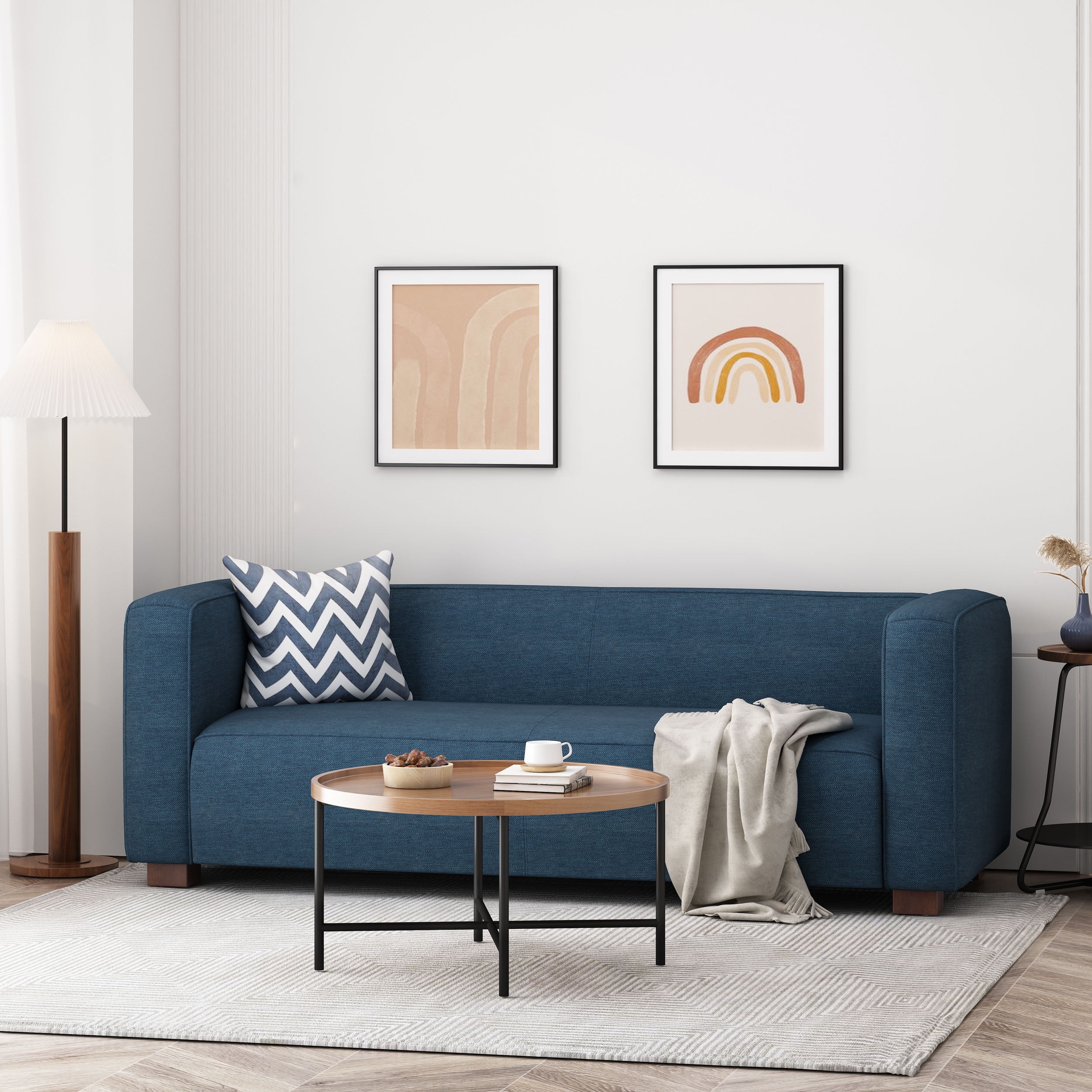 Noble House Bartram Indoor Fabric Upholstered Loveseat. Navy Blue and Dark Walnut