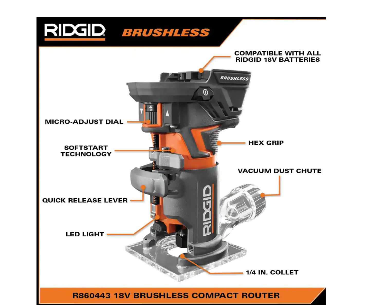RIDGID R860443B 18V OCTANE Brushless Cordless Compact Fixed Base Router with 1/4 in. Bit. Round and Square Bases and Collet Wrench