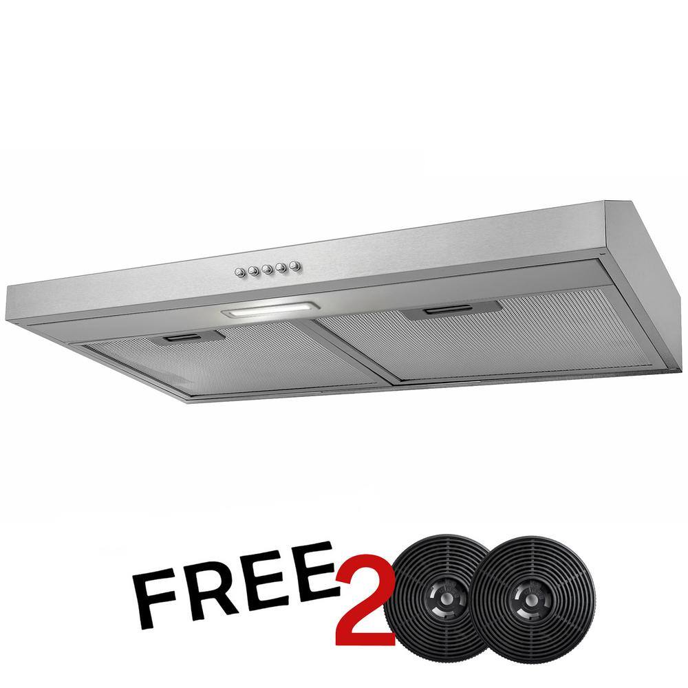 AKDY RH0336CFL 30 in. 58 CFM Convertible Under Cabinet Range Hood in Brushed Stainless Steel with 2 Carbon Filters and Push Button