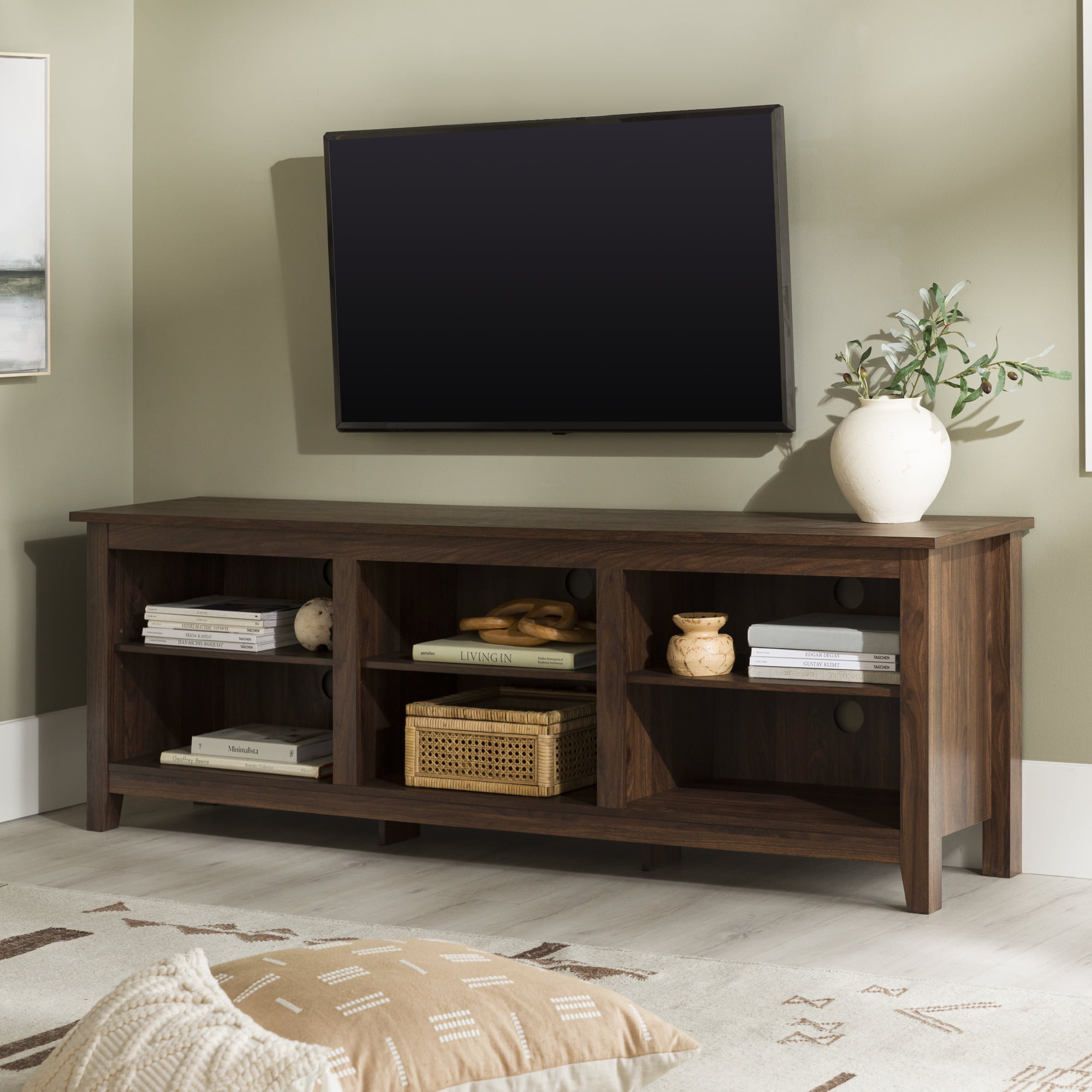 Woven Paths Open Storage TV Stand for TVs up to 80″. Dark Walnut