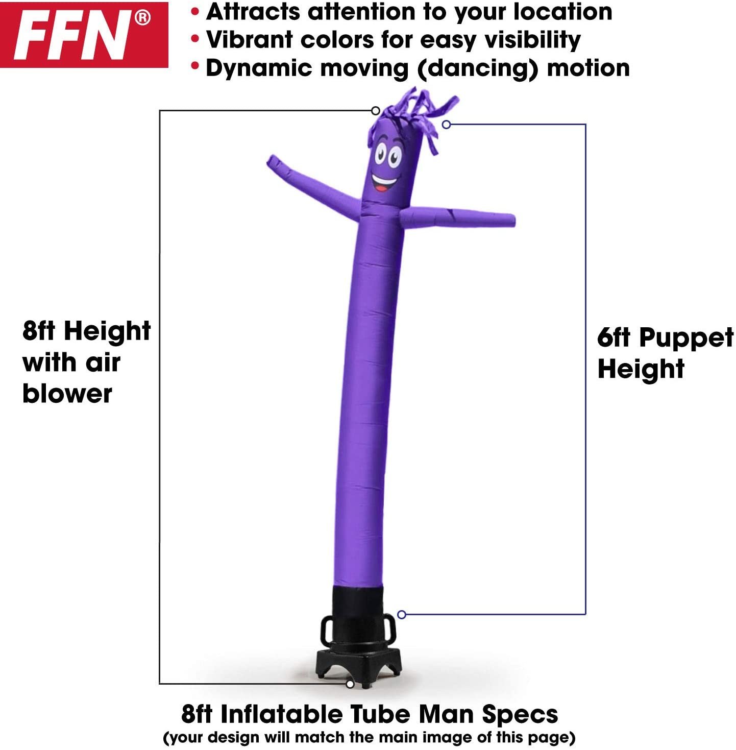 Purple 8 Foot Tall Inflatable Tube Man Air Powered Waving Puppet. Air Blower Motor Included with 6ft Solid Colored Dancer by Feather Flag Nation